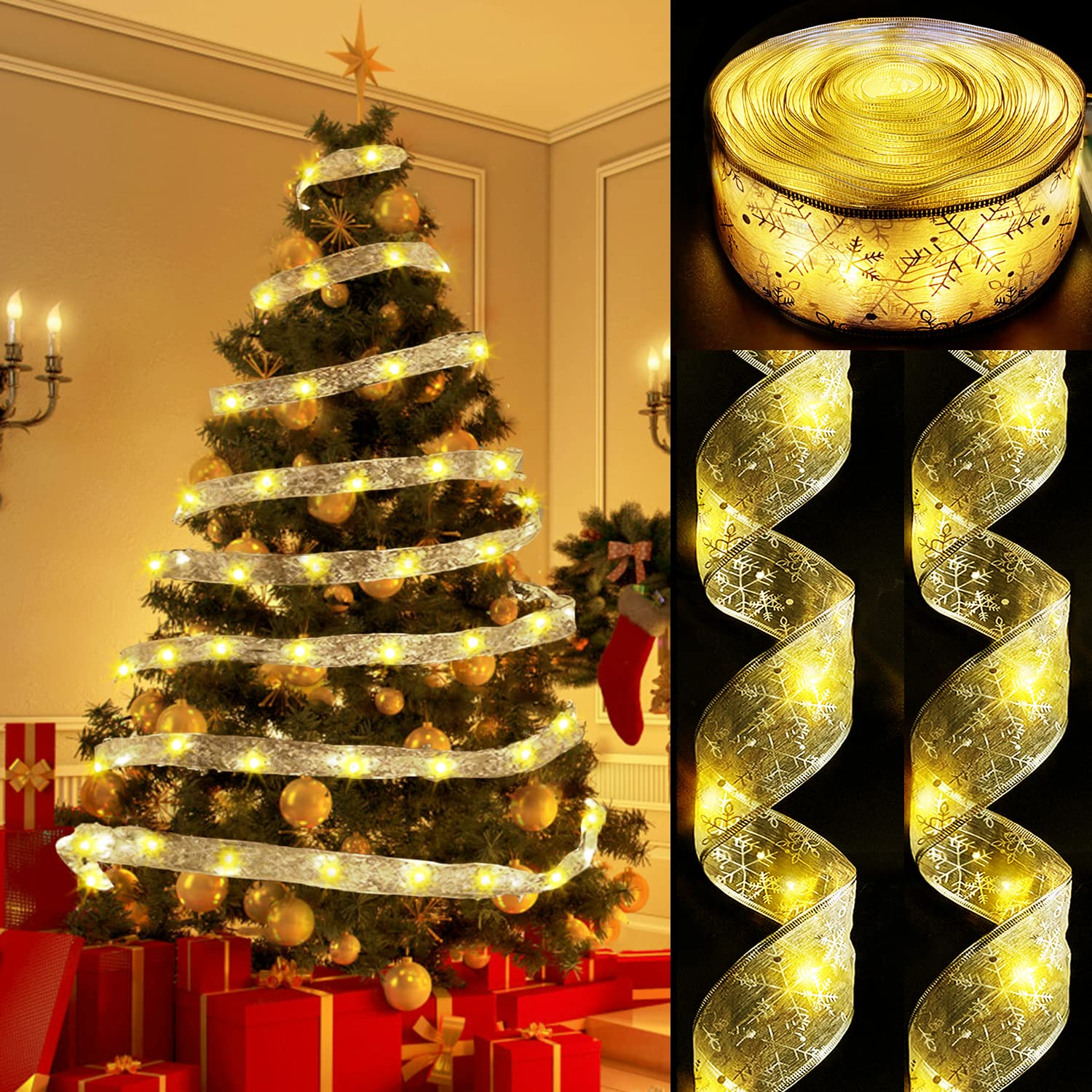 Christmas Ribbon Fairy Lights - 32.8ft Battery Powered LED Organza Ribbon with Copper Wire, 100 Warm White LEDs & Timer Function for Christmas Tree, Wedding, New Year, Party & Home Decorations - Indoor/Outdoor Holiday Lighting