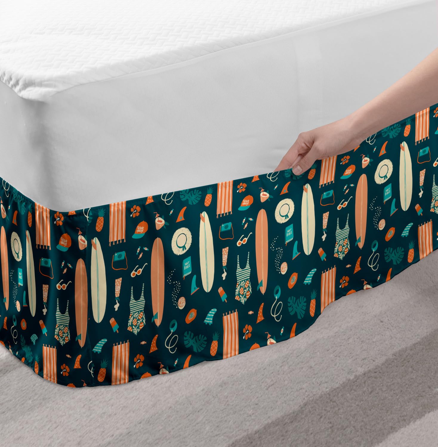 Ambesonne Hawaiian Tropical Beach Theme Bedskirt - Retro Summer Design Wrap Around Elastic Gathered Bed Skirt for Full Size Beds - Teal Salmon Coastal Bedroom Decor | Perfect for Beach House, Vacation Rental & Tropical Themed Bedrooms