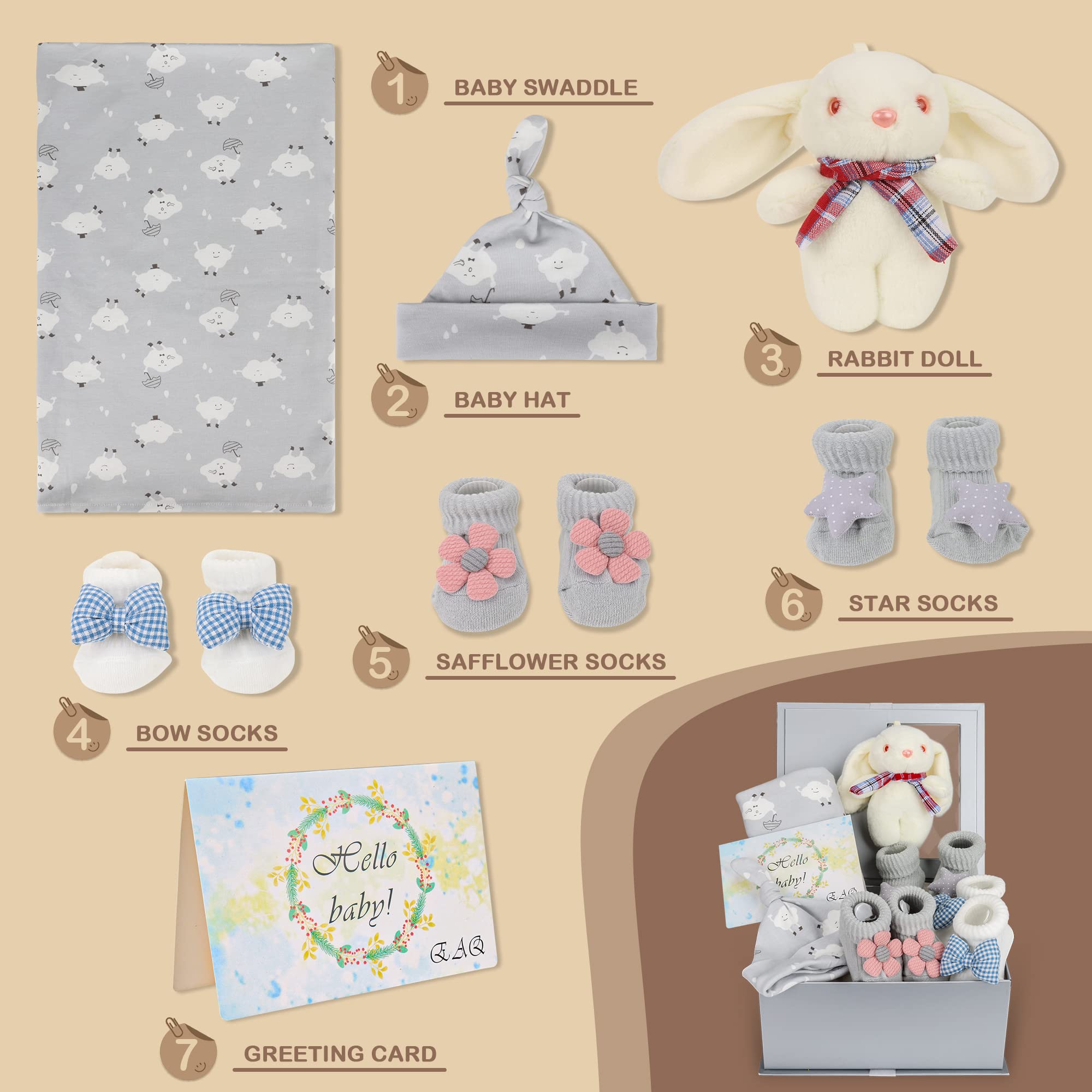 EAQ Newborn Baby Gift Set - Unisex Essentials for Boys & Girls with Swaddle, Hat, Socks & Soft Rabbit Toy | Perfect Baby Shower, Easter & Welcome Gifts for New Parents