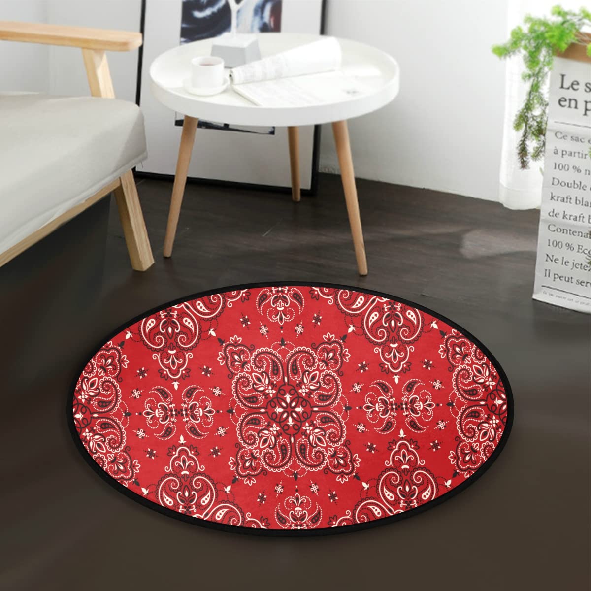 Paisley Bandana Print Round Area Rug 3.6x3.6 ft - Modern Bohemian Decor for Dining Room, Living Room, Bedroom & Entryway | Soft Non-Slip Floor Mat for Home, Office & Dorm