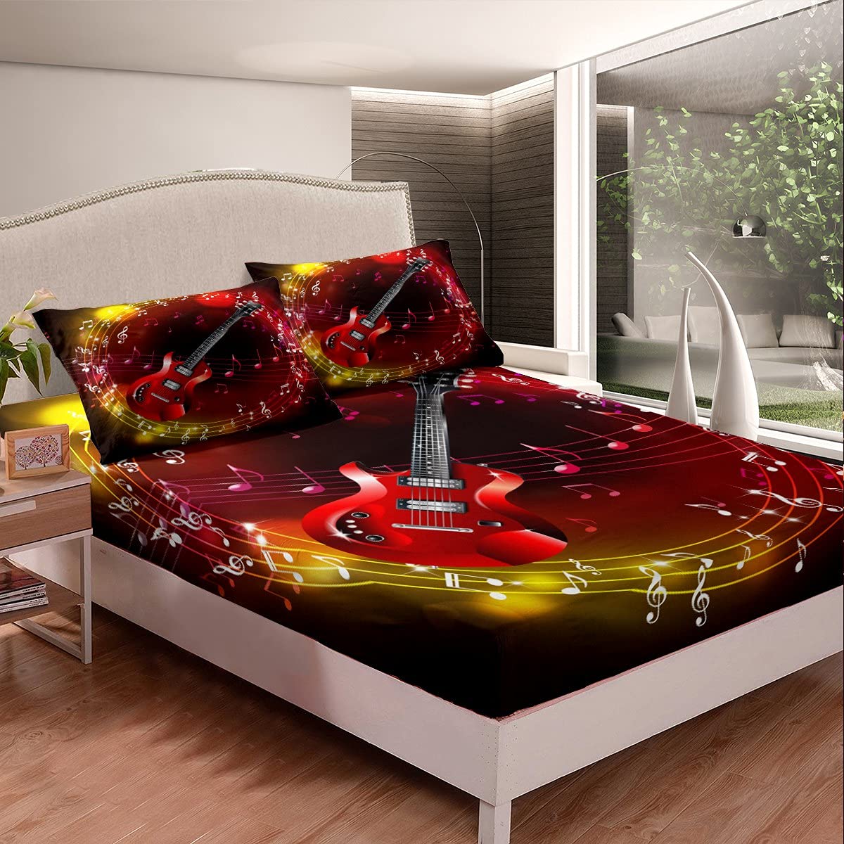 Erosebridal Guitar Bedding Set Twin Size - Musical Note Fitted Sheet with Rock Music Theme for Kids, Girls, Teens & Young Men - Hip Hop Grunge Style Lightweight Bed Sheets in Red & Gold - Perfect for Music Lovers' Bedroom Decor & Gift Ideas