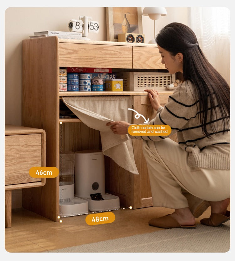 Solid Oak Wood Side Cabinet with Cat Pet Supplies Storage - Perfect for Living Room, Bedroom, or Entryway Organization - Compatible with Robot Vacuum Cleaners