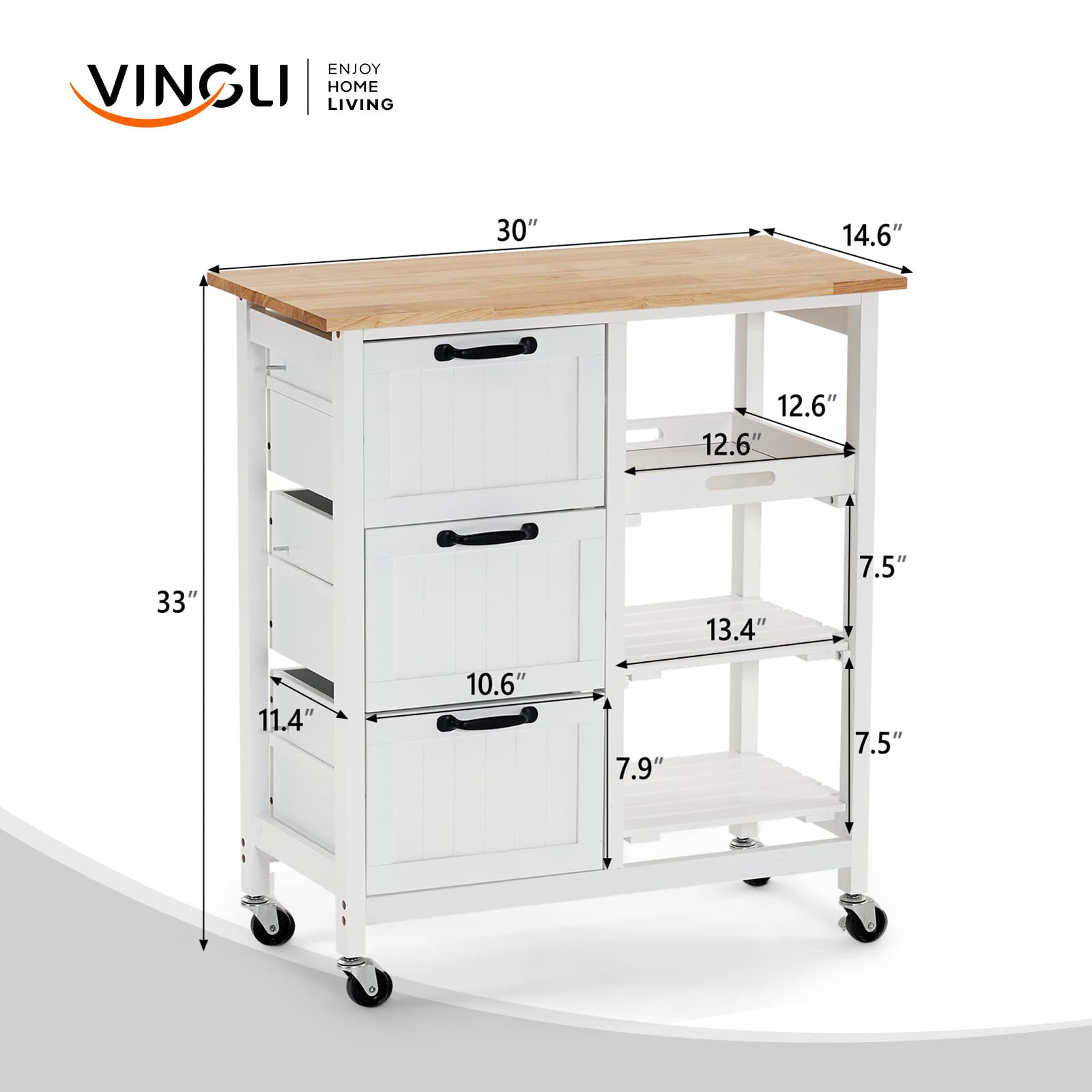 VINGLI Rolling Kitchen Island Cart with 3 Drawers & 3-Tier Storage - Natural Solid Wood Top, Mobile Microwave Trolley for Small Kitchens | Perfect for Coffee Bars, Serving Stations & Compact Kitchen Organization