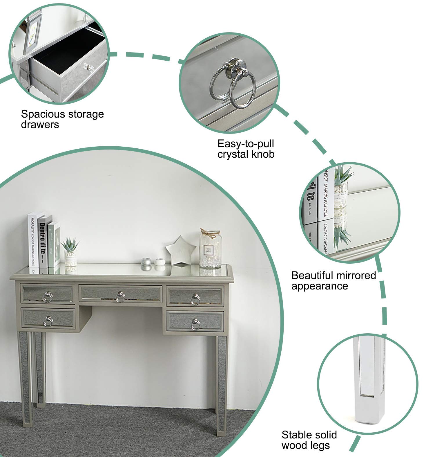 Henf Silver Mirrored Console Table with 5 Drawers - 41.73