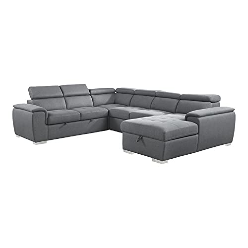 Berel 4-Piece Fabric Sectional Sofa with Pull-Out Sleeper Bed in Light Gray - Modern Living Room Furniture for Small Spaces & Guest Accommodation