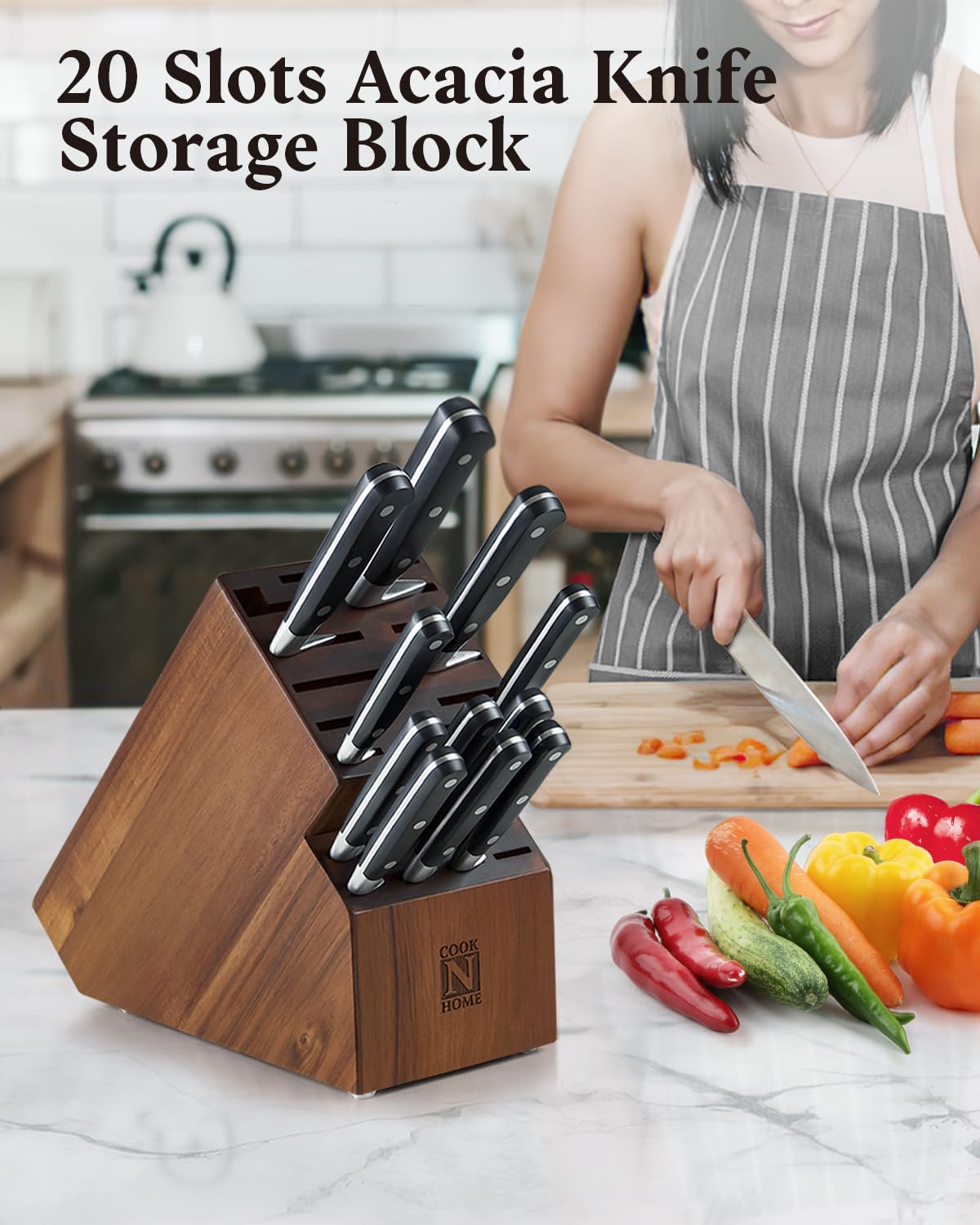 Cook N Home 20-Slot Acacia Wood Knife Block - Universal Countertop Knife Holder & Butcher Block Stand for Kitchen Storage | Perfect for Chefs, Home Cooks & Kitchen Organization