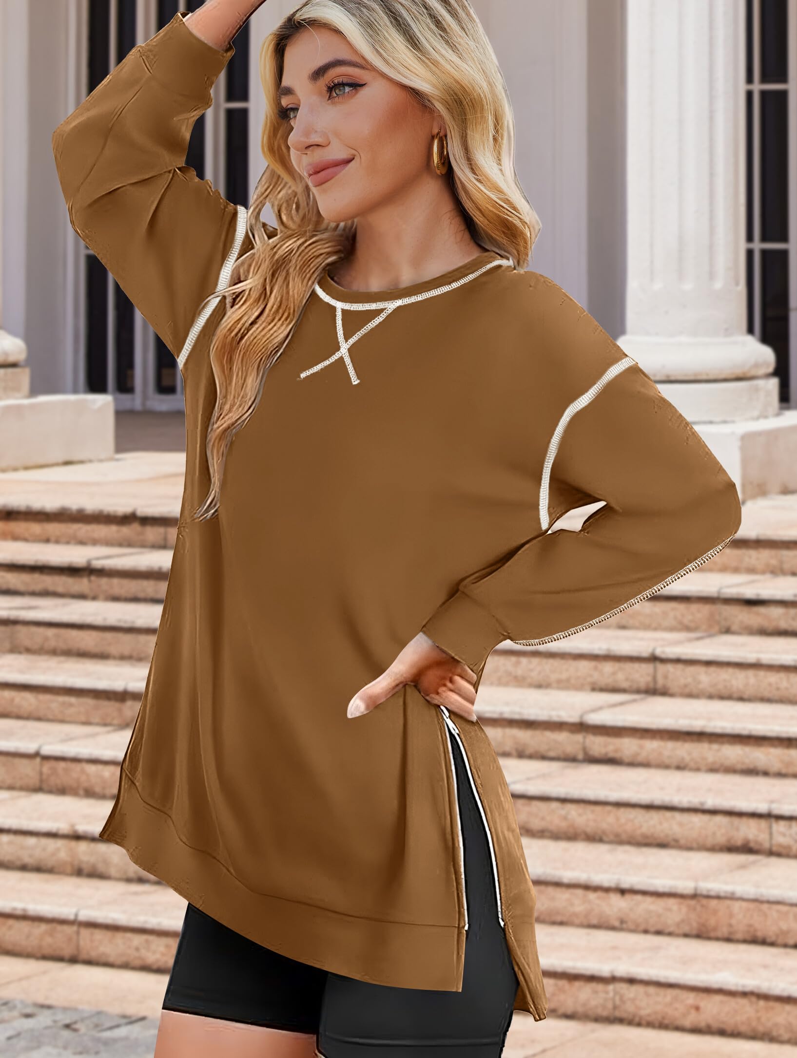 Zeagoo Women's Oversized Sweatshirt Long Sleeve Crewneck Pullover Top with Side Zip - Trendy Fall Winter Hoodie for Casual Wear, Street Style & Going Out