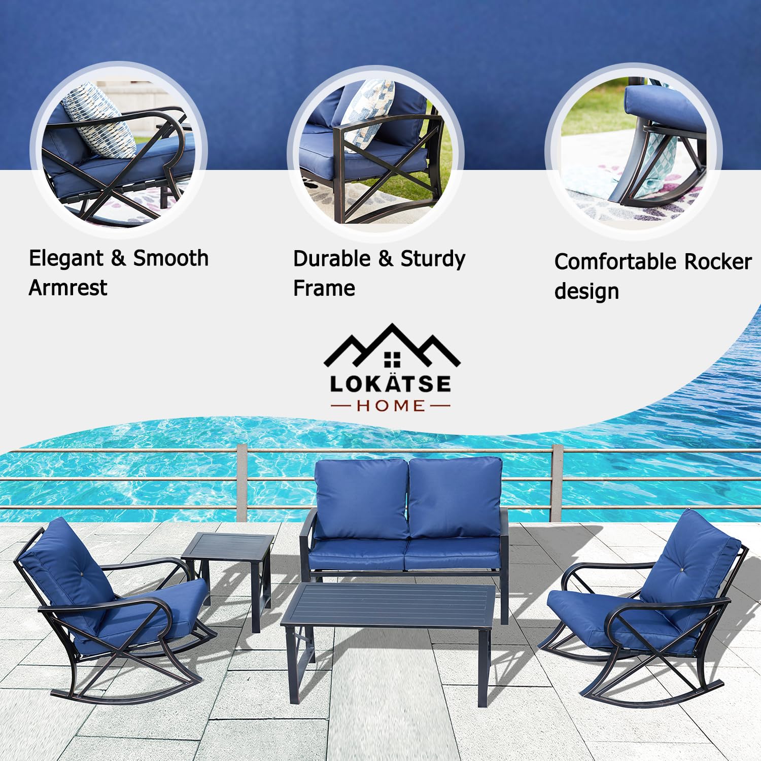 LOKATSE HOME 5-Piece Patio Furniture Set - Blue Bistro Loveseat, 2 Coffee Tables & 5 Chairs for Outdoor Conversation | Perfect for Garden, Backyard, Poolside & Balcony Relaxation