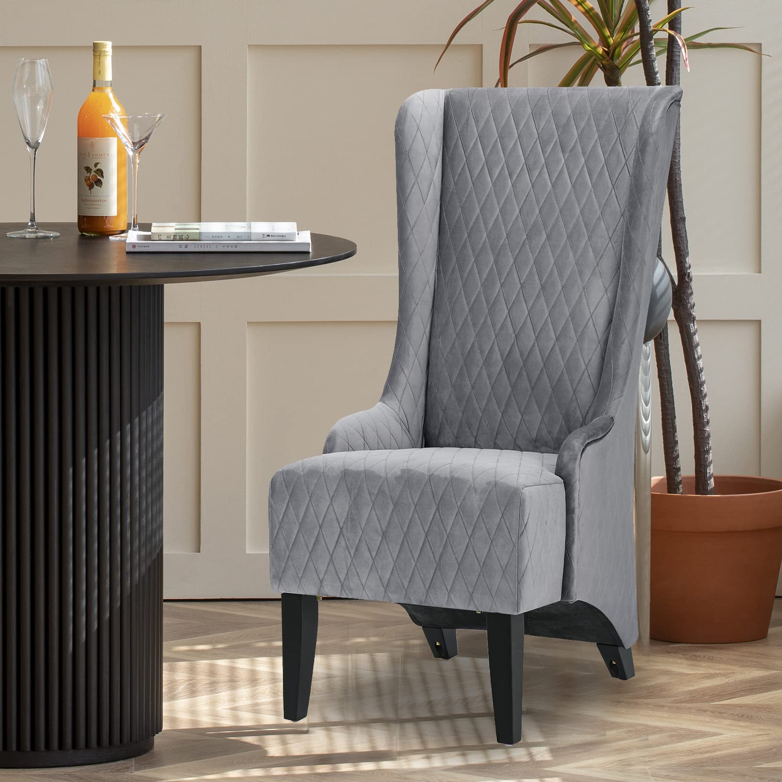 Wing Back Dining Chair - High Back Velvet Upholstered Side Chair for Living Room, Retro Accent Armless Throne Seat in Grey | Perfect for Bedroom, Dining Room, Banquet & Dinner Parties