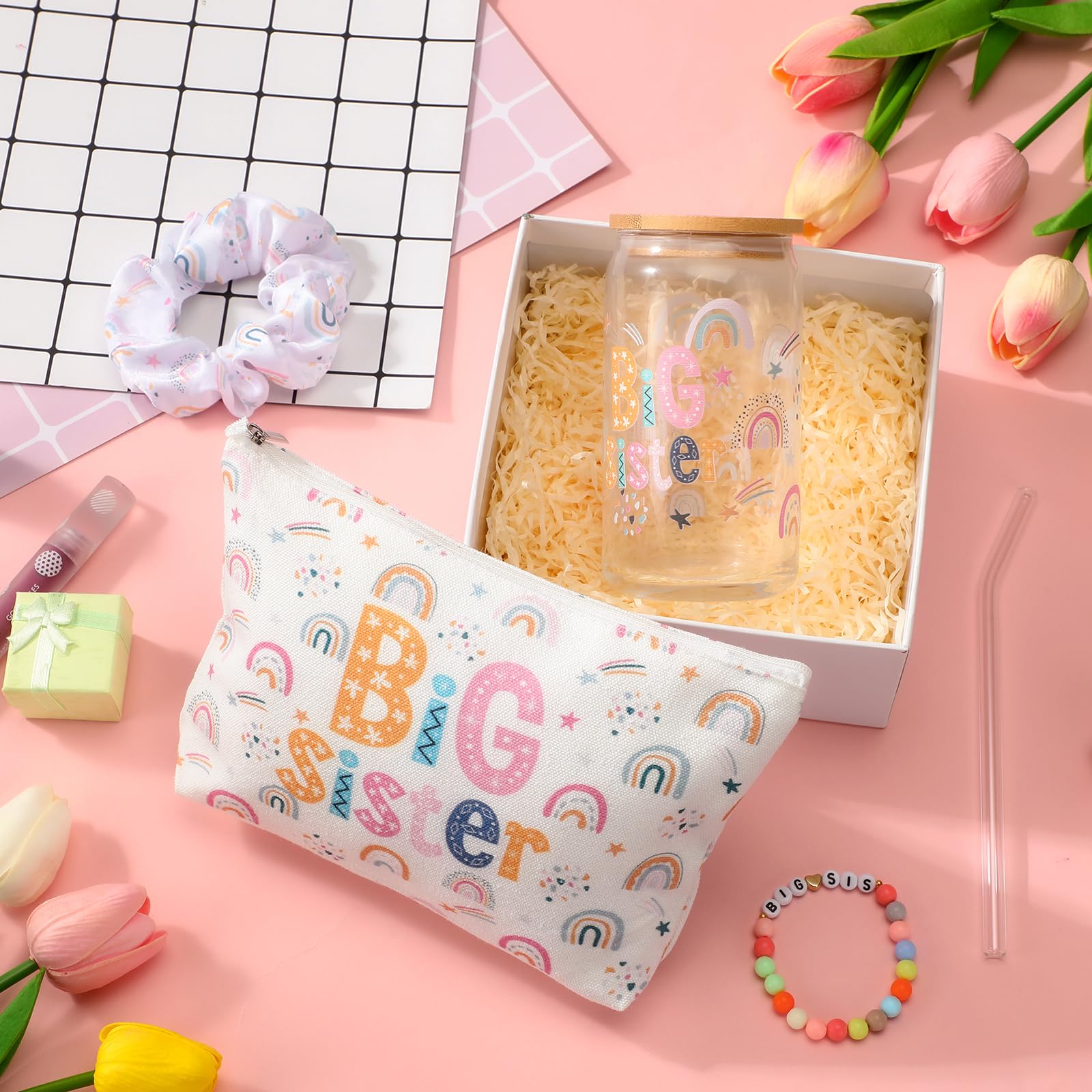 4 Pcs Big Sister Gift Set for Girls - 16oz Glass Tumbler, Makeup Bag, Bracelet & Scrunchies - Perfect New Baby Birthday or Baby Shower Gift - Ideal for School, Parties & Everyday Use
