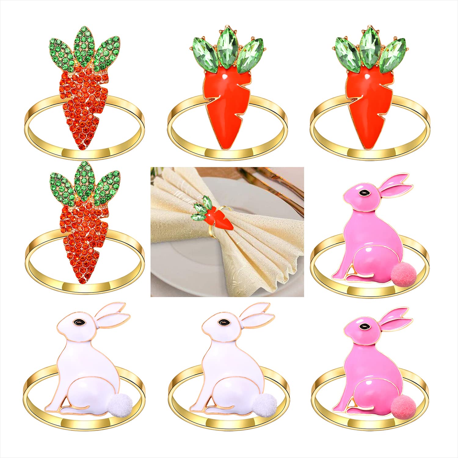 Easter Bunny Napkin Rings Set of 6 - Gold Metal Rhinestone Napkin Holders for Holiday Party Dinner Table Decor - Perfect for Easter Brunch, Spring Celebrations & Festive Dining Decorations
