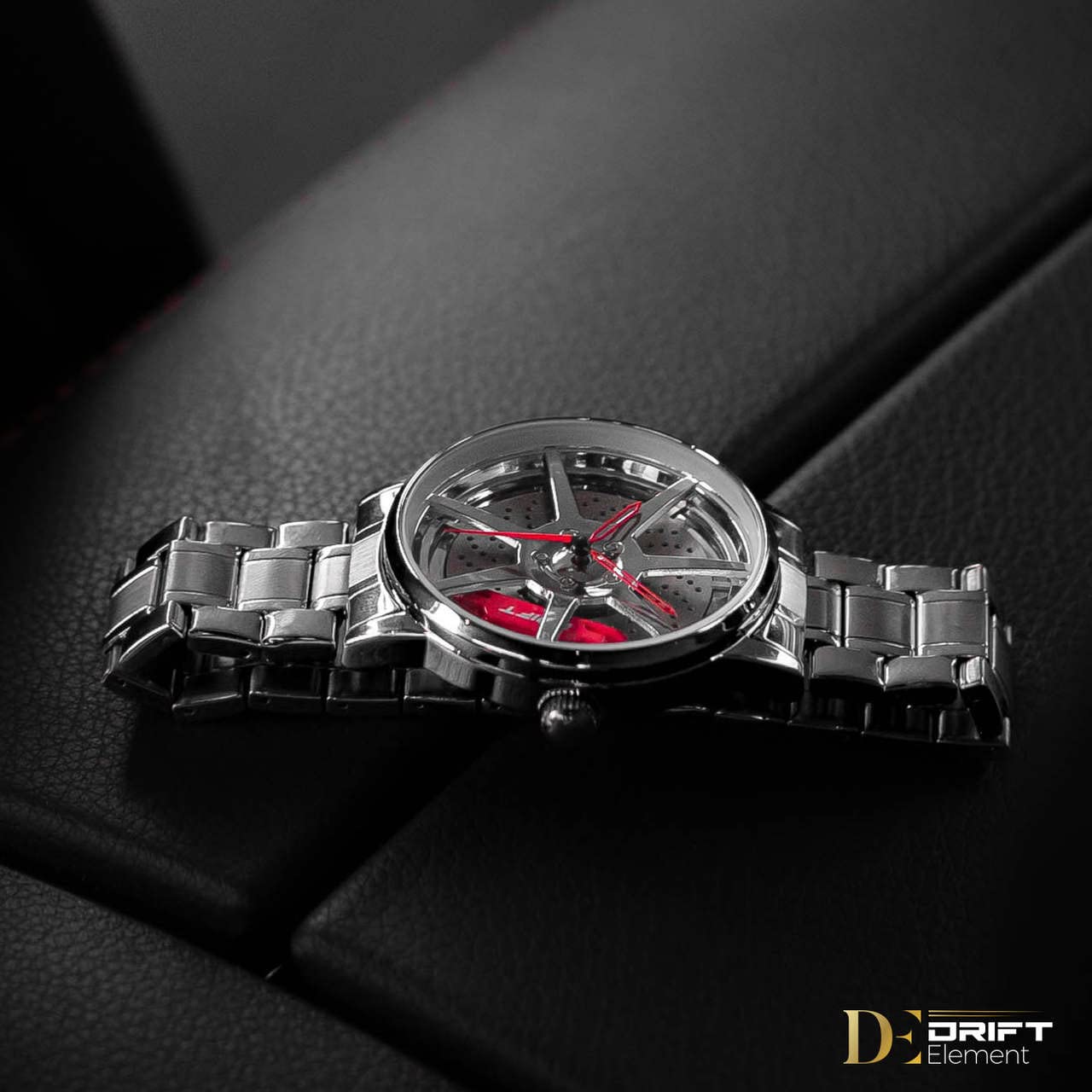 DriftElement Men's Motorsport Watch - Stainless Steel 3D Rim Design, Mineral Glass, Quartz Movement (Silver-Red) | Perfect for Racing Enthusiasts & Stylish Everyday Wear