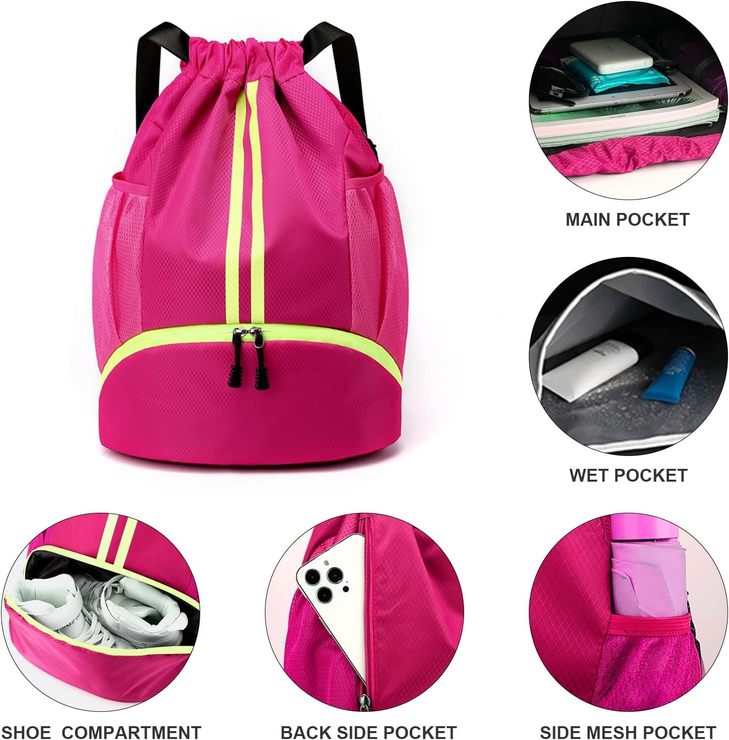 Gym Drawstring Backpack for Men & Women - Sports Workout Basketball Bag with Wet/Dry Separation Pockets & Shoe Compartment - Ideal for Running, Fitness, Cycling, Swimming, Camping (Rose Red)
