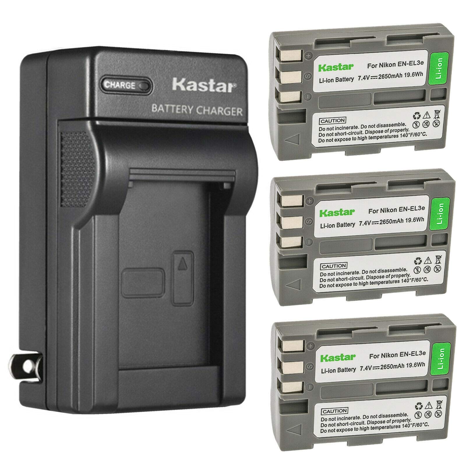 Kastar 3-Pack EN-EL3e Replacement Battery and AC Wall Charger Kit for Nikon D100/D200/D300/D300S/D50/D70/D700/D80/D90 DSLR Cameras - Perfect for Travel, Photography Sessions & Backup Power
