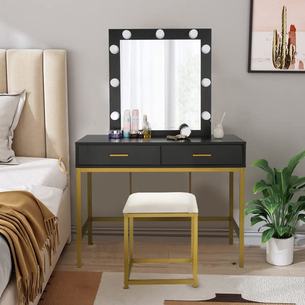 FCH Black Steel Frame Dressing Table with Single Mirror, 2 Drawers & Built-in Light Bulbs - Perfect for Bedroom Vanity, Makeup Station & Home Decor
