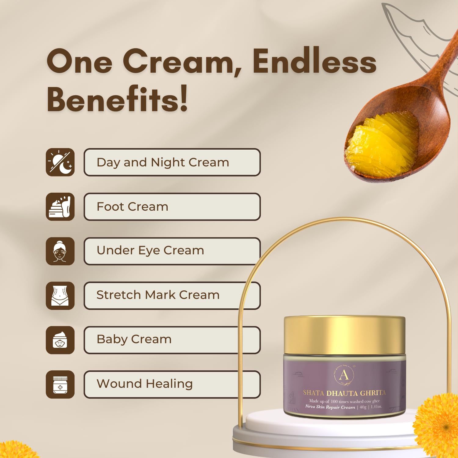 ADHYAY Shata Dhauta Ghrita Skin Renewal Cream - Ayurvedic Anti-Aging Face Moisturizer with 100x Washed Cow Ghee & Marigold Extracts | Wrinkle Repair, Deep Hydration & Skin Nourishment | 40g | Perfect for Daily Skincare Routine & Nighttime Rejuvenation