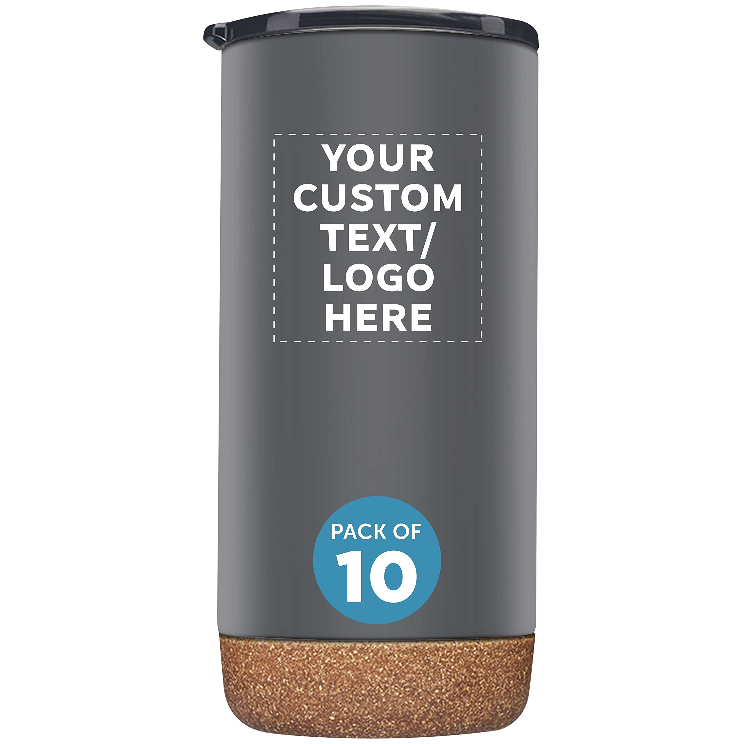 16 oz Custom Travel Tumblers with Cork Base - Set of 10 Insulated Stainless Steel Cups with Matte Finish | Personalized Bulk Pack for Iced Coffee, Soda & Beverages | Perfect for Office, Camping, Travel & Gifts (Grey)