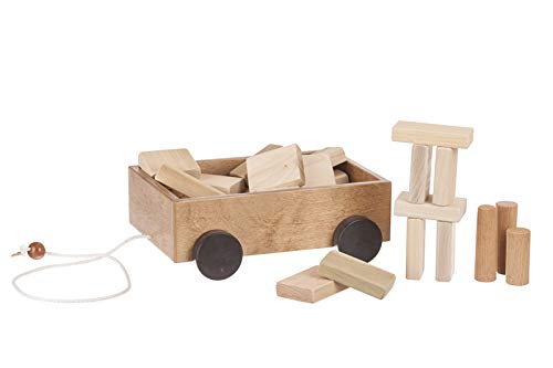 AmishToyBox.com Wooden Pull Wagon Toy for Toddlers with 24 Natural Wood Building Blocks - Classic Harvest Stain | Kids Learning & Pretend Play, Nursery Decor, Montessori Educational Gift