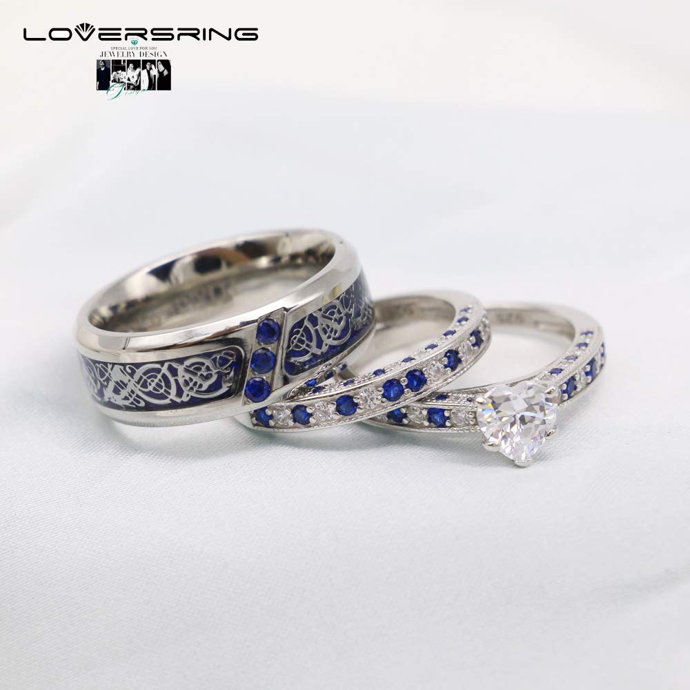 His and Hers Wedding Ring Sets - 925 Sterling Silver & Tungsten Carbide Couples Bands with Heart CZ, Brushed Finish - Perfect for Engagements, Anniversaries, and Romantic Gifts