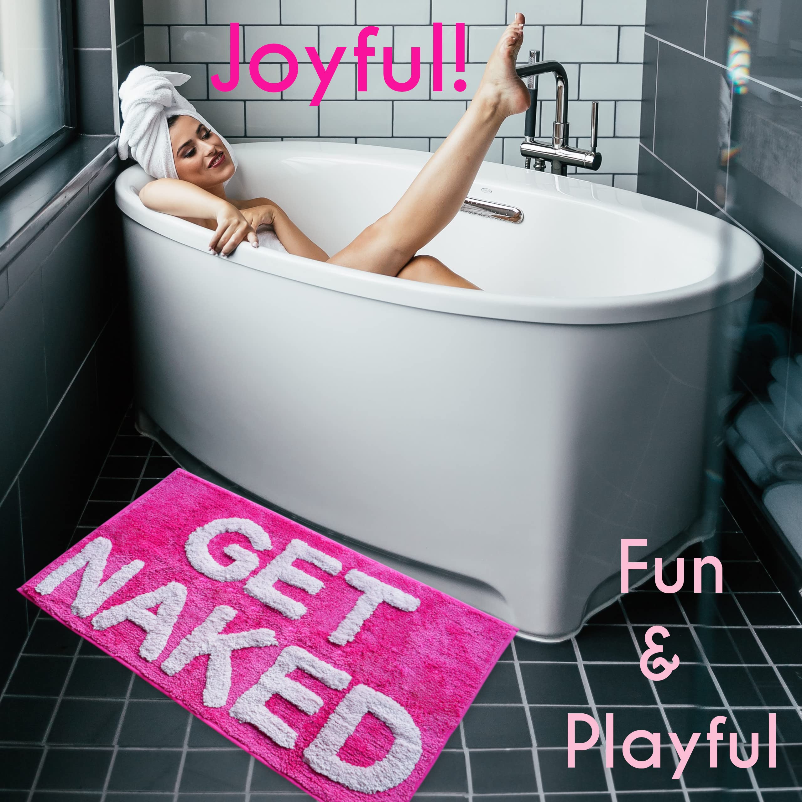 Evovee Funny 'Get Naked' Bath Mat - Non-Slip Cute Bathroom Rug, Washable Shower Mat for College Dorm Decor (Hot Pink) | Perfect for Bathroom, Shower & Spa Relaxation