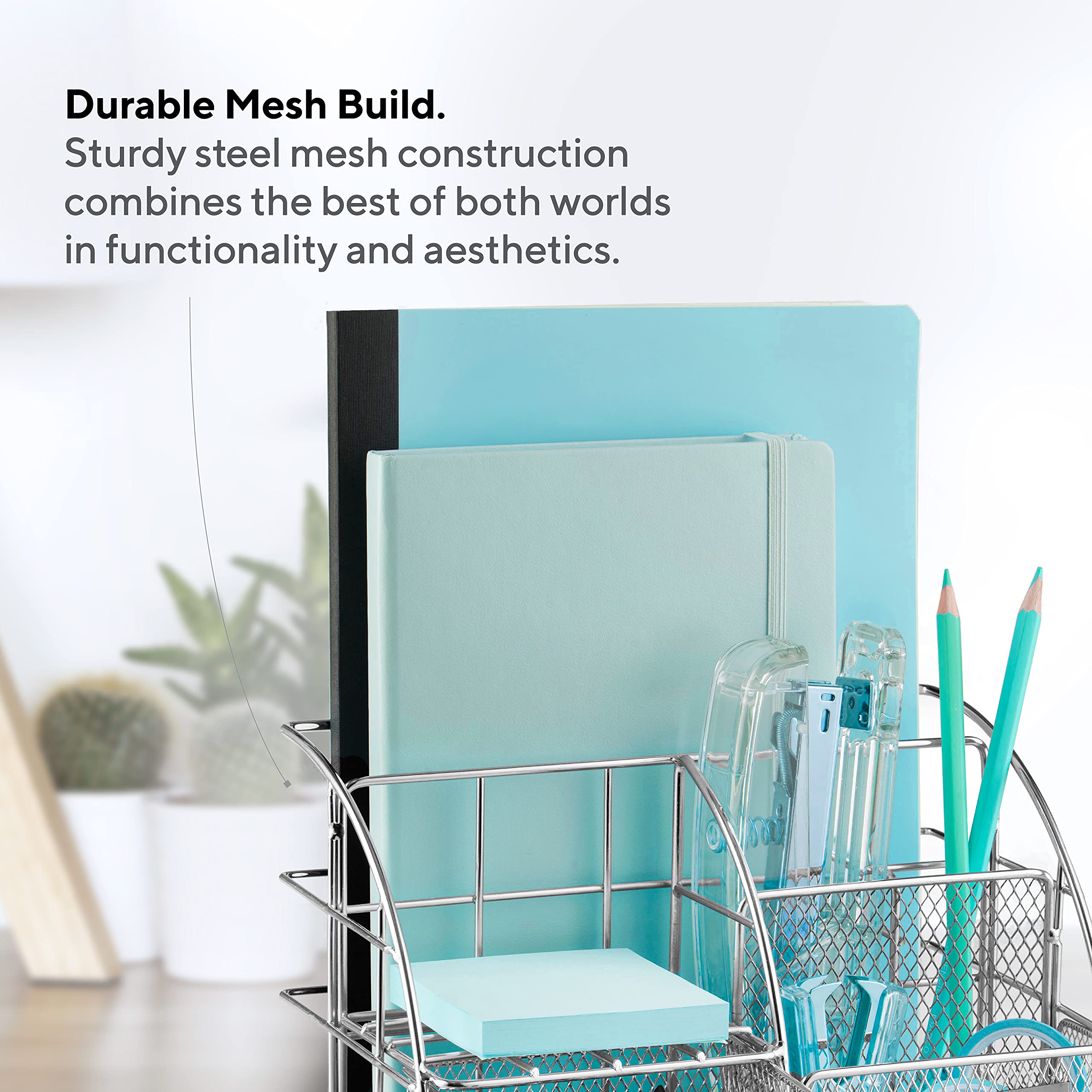 Mindspace Small Office Organizer - 5-Compartment Mesh Desk Caddy with Sliding Drawer | Includes Paper Clips & Binder Clips | Chrome Wire Collection | Perfect for Home Office, Workspace & Desk Organization