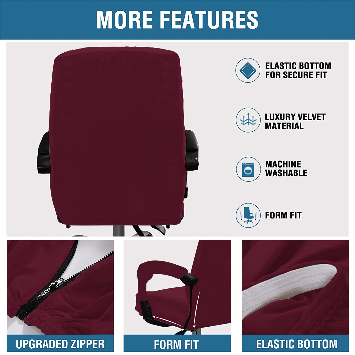 Stretchable Velvet Office Chair Cover - Removable & Washable Universal Elastic Slipcover for Computer, High Back & Rotating Chairs - Modern Simplism Design (Red Wine, Large) - Perfect for Home Office, Gaming & Workspace Decor