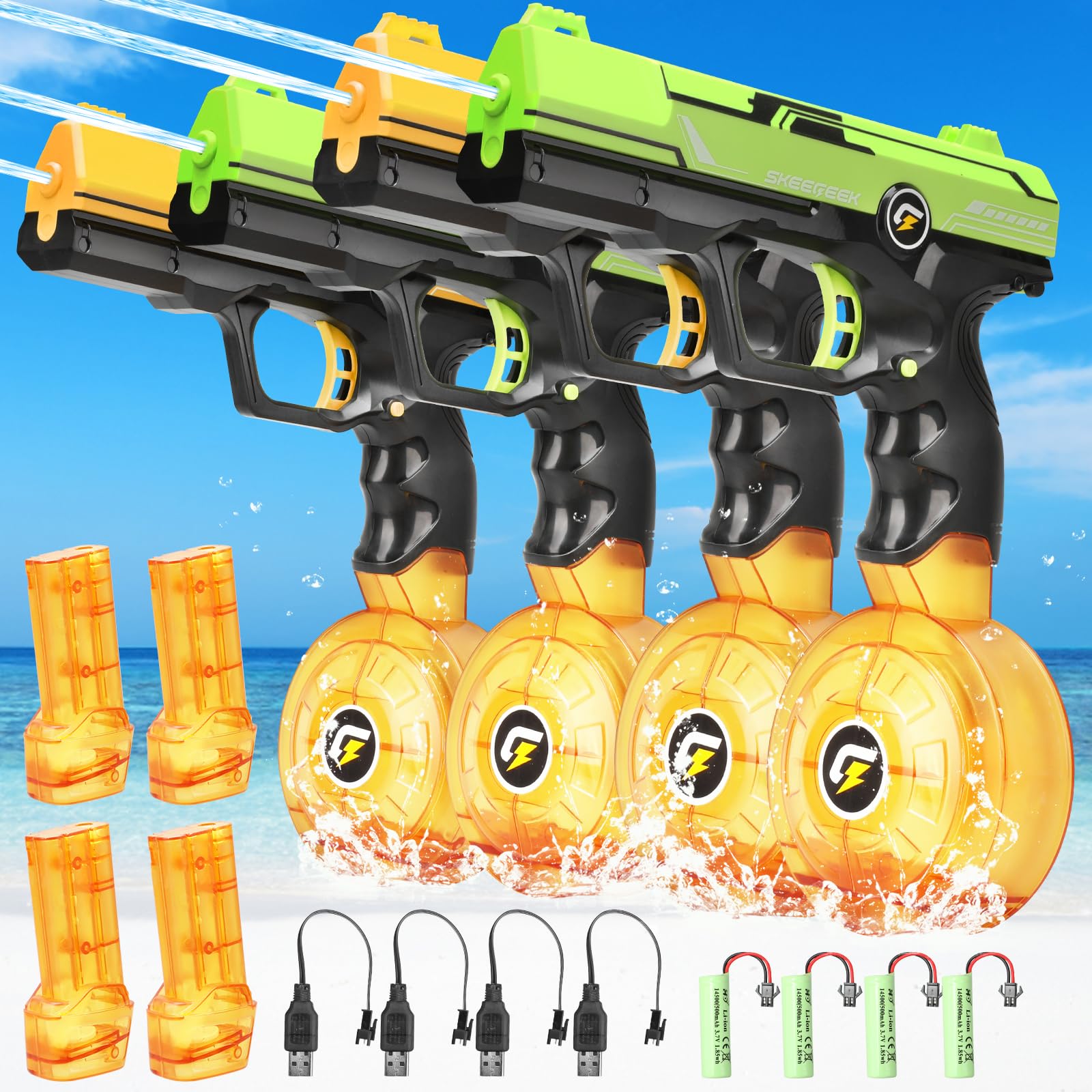 VATOS 4 Pack Rechargeable Electric Water Blaster Squirt Gun Toy - 450CC+58CC Large Capacity Automatic Water Pistol | 32 FT Range Summer Outdoor Water Toys for Kids & Adults | Perfect for Beach, Pool, Backyard Battles and Birthday Parties
