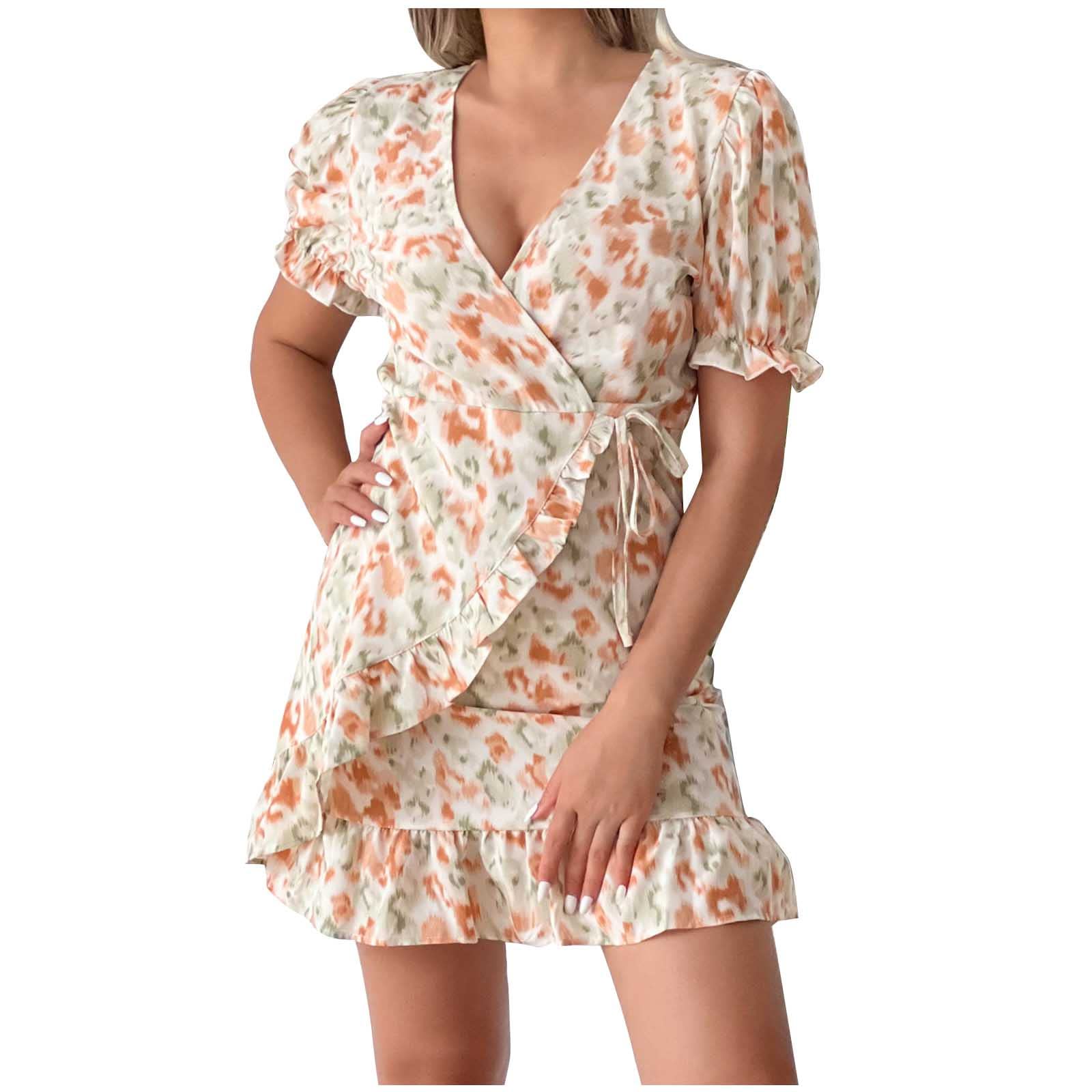 LAWOR Women's Floral Print Sundress - Short Sleeve Square Neck One Shoulder Casual Summer Dress for Beach, Vacation & Outdoor Activities