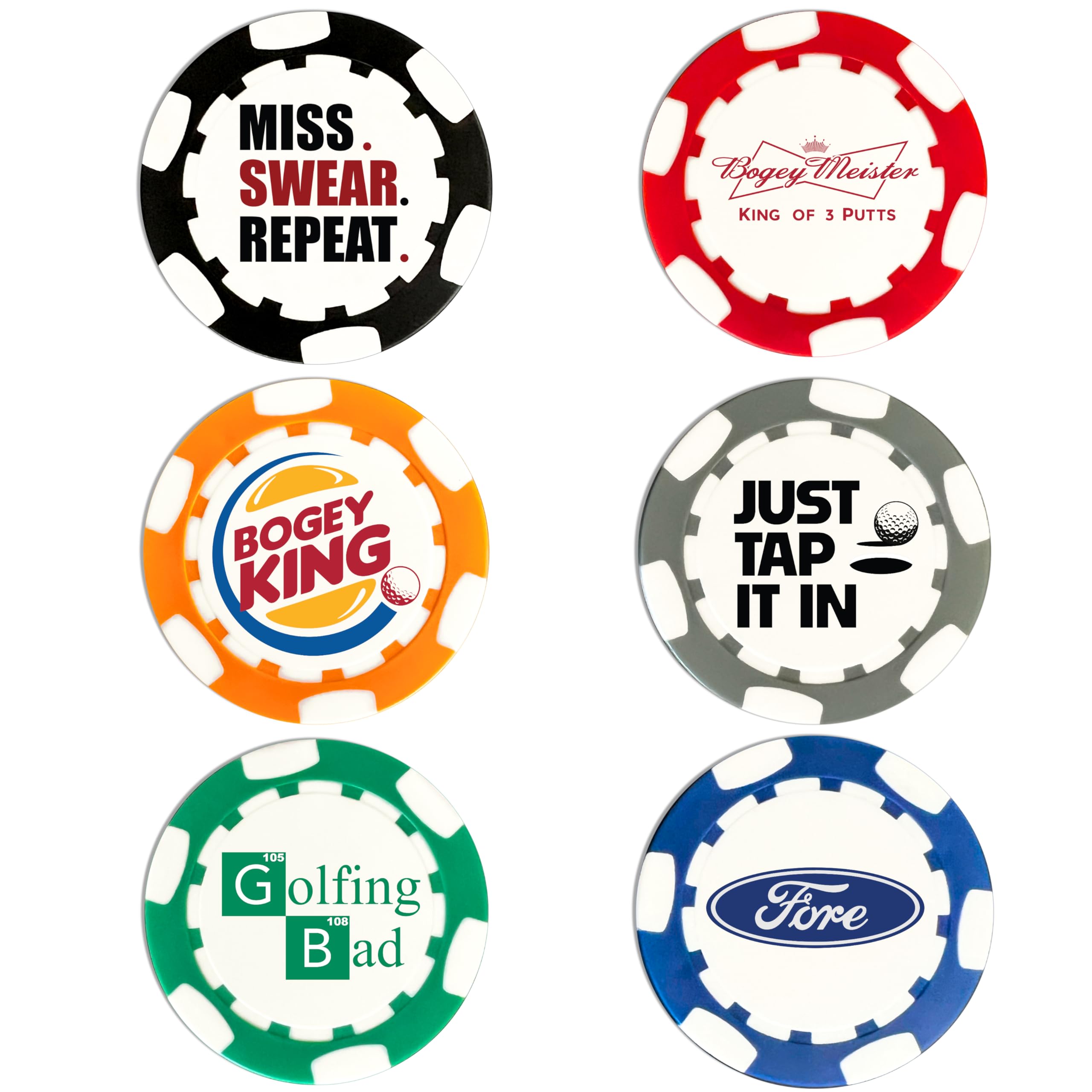 Funny Golf Ball Marker Poker Chips - 6 Pack Gift Set for Men & Women | Perfect for Golf Tournaments & Parties