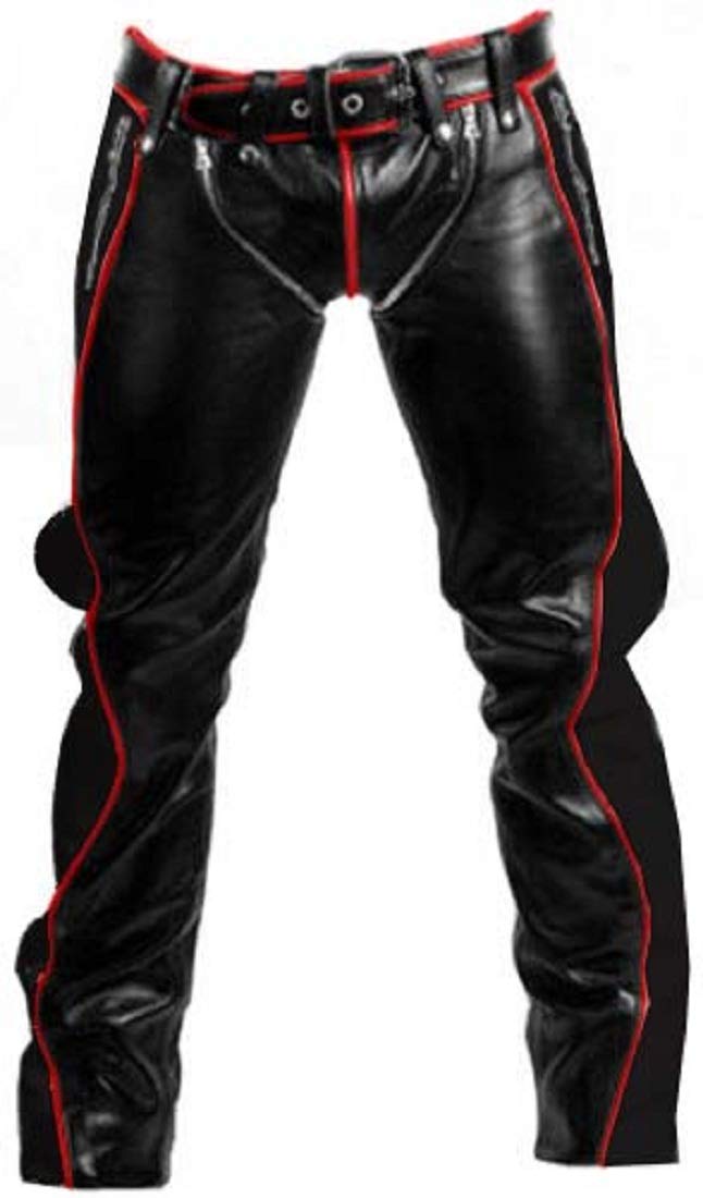 Men's Real Black Cow Leather Heavy Duty Bondage Pants - Gay Biker Jeans for Motorcycle Riding, Nightclubs & Alternative Fashion