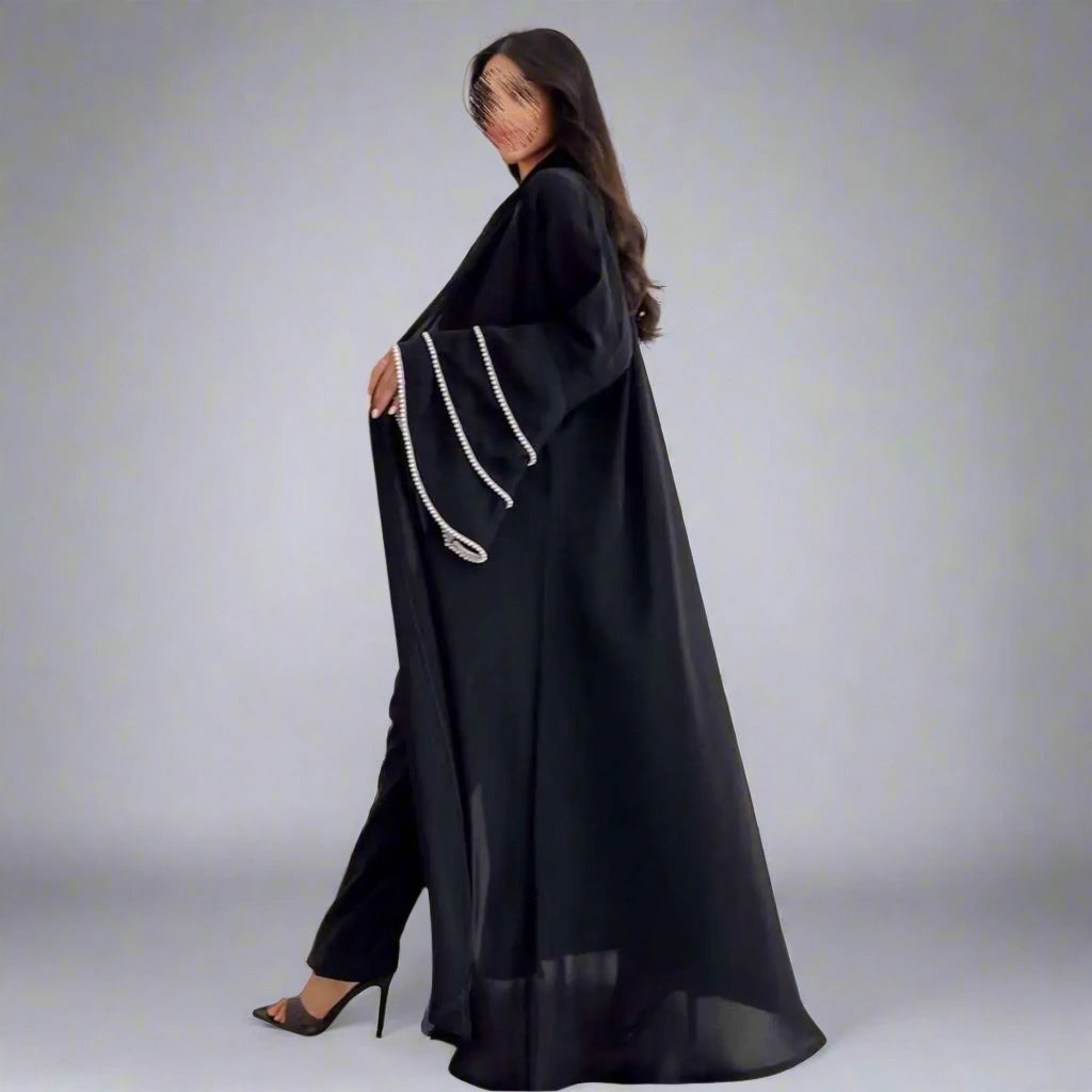 Elegant Beaded Sleeve Muslim Women's Cardigan Open Abaya Dress - Perfect for Prayer, Modest Fashion & Special Occasions