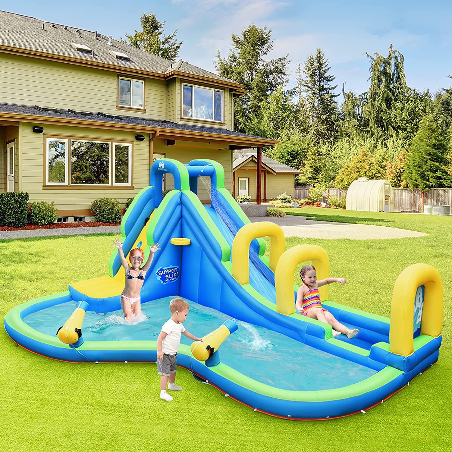 **HONEY JOY 5-in-1 Inflatable Water Slide Park with Water Cannons & Long Slide - Indoor/Outdoor Bouncy Castle for Kids & Adults - Backyard Summer Fun (Includes 735W Blower)**    **Perfect for backyard parties, family gatherings, summer celebrations, and outdoor water play!**