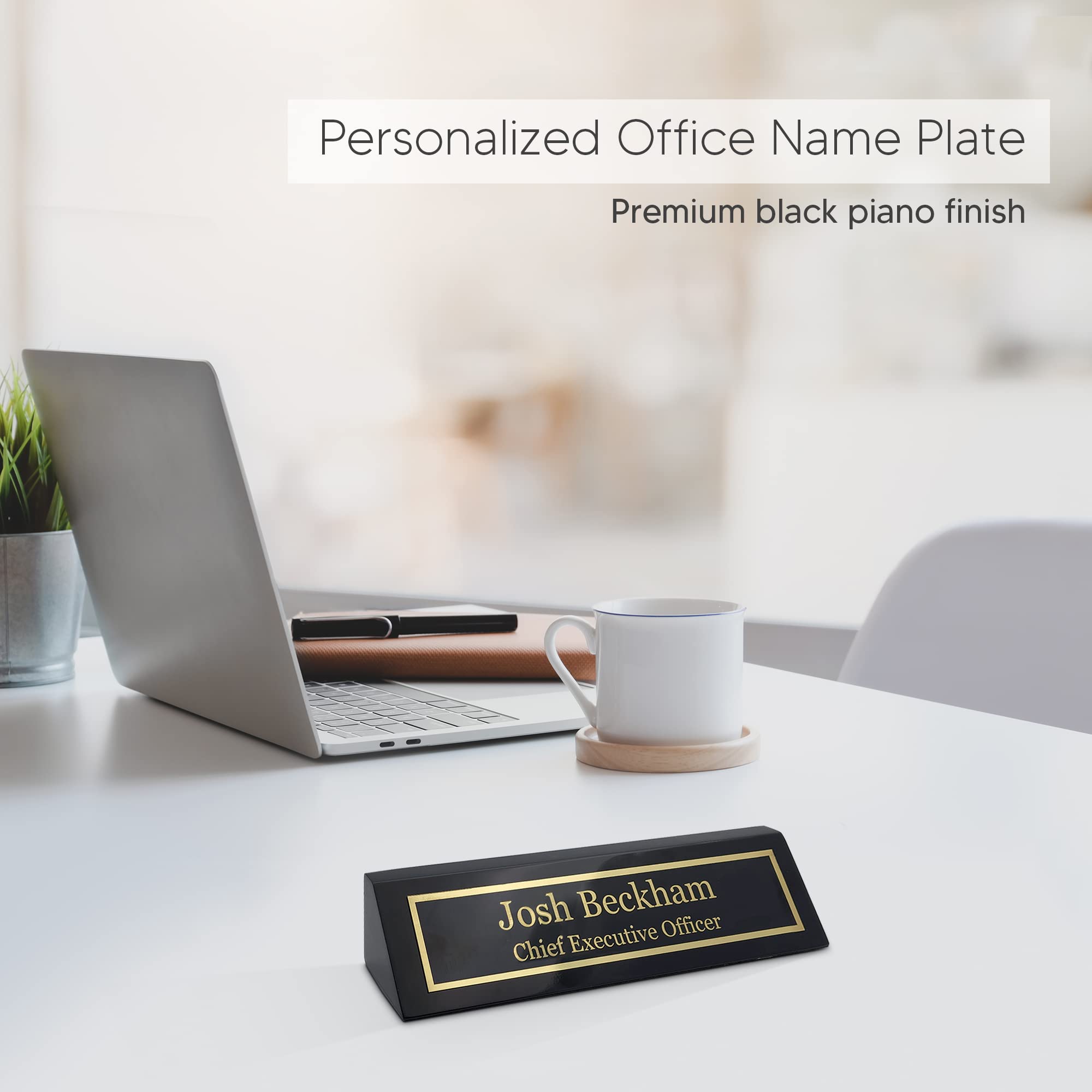 Custom Engraved Wood Name Plate for Desk - Personalized Office Name Sign with Black Piano Finish (2x8 Inches) | Perfect Desk Nameplate Gift for Professionals, Executive Office Decor & Home Office Organization
