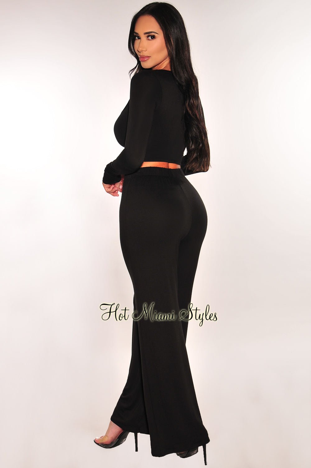 Stylish Black Round Neck Long Sleeve Top with High Waist Wide Leg Pants Set - Women's Casual Outfit for Work, Date Night & Fall Fashion