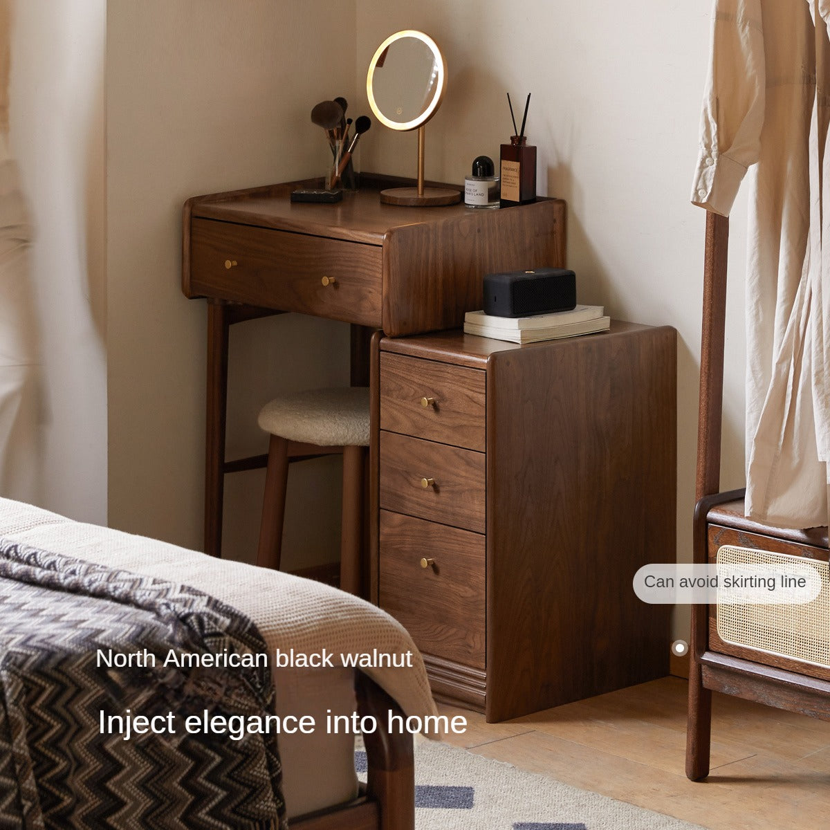 Premium Black Walnut Solid Wood Dressing Table with Cabinet - Elegant Vanity Desk for Bedroom, Makeup Station & Home Decor