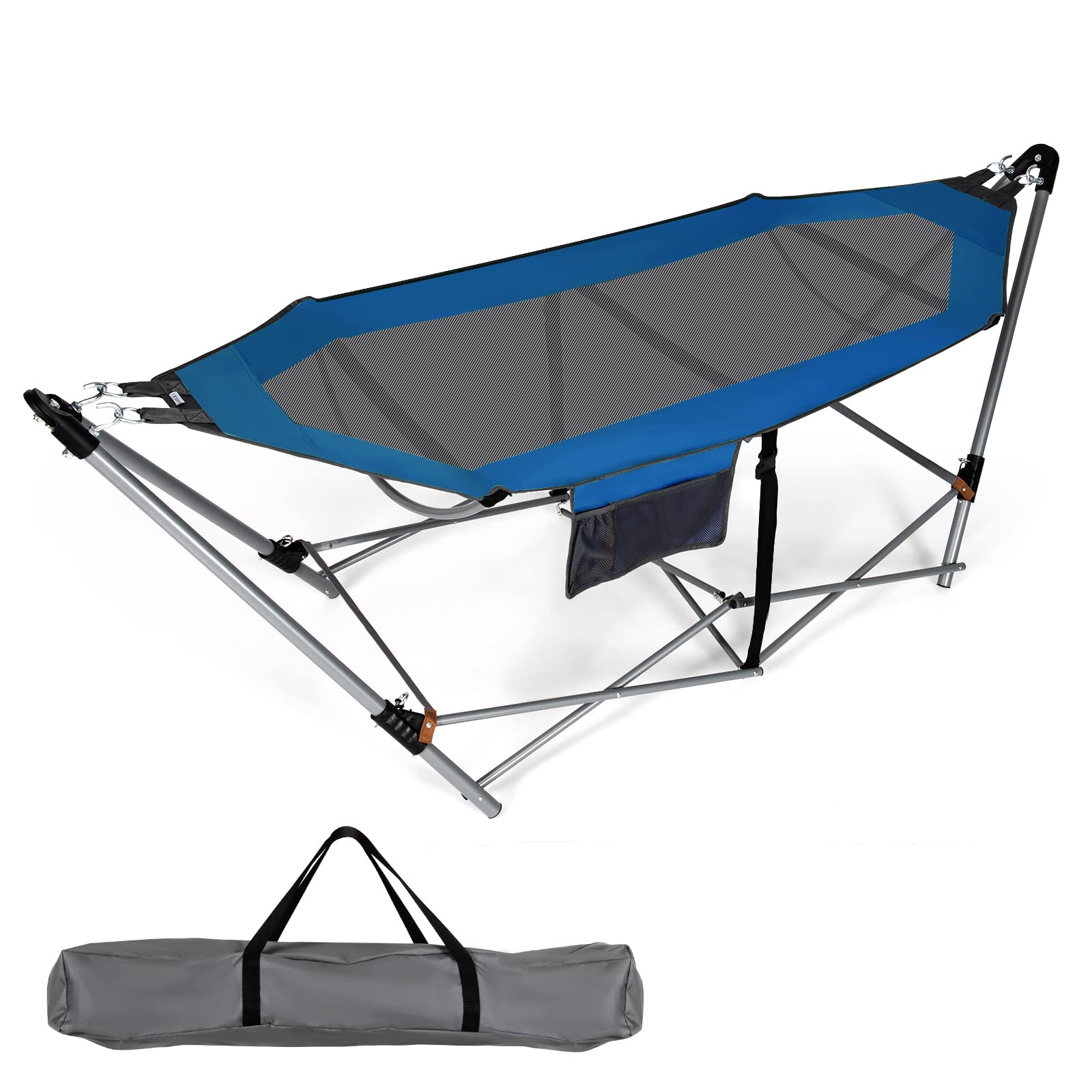 Giantex Portable Folding Hammock Stand with Side Pocket - Heavy Duty Steel Frame Camping Bed for Indoor Outdoor Use - Perfect for Backyard, Patio, Beach & Travel - Anti-Tip Buckles & Iron Stand Included (Blue)