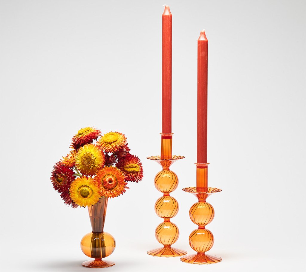 Bella Short Amber Glass Candle Holders, Set of 2 - Perfect for Table Centerpieces, Wedding Decor & Home Ambiance