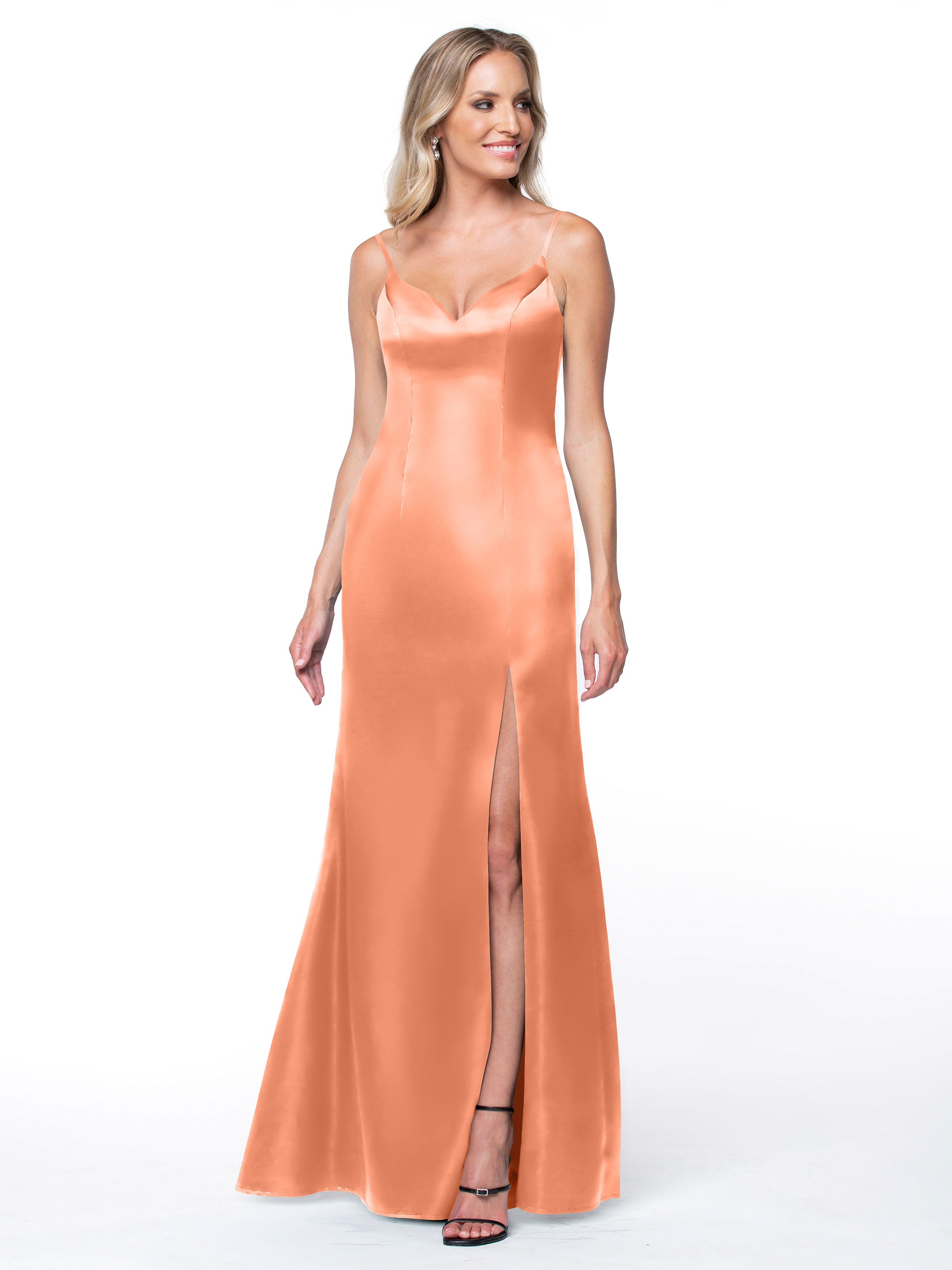 Elegant 80132 Fit and Flare Satin Bridesmaid Dress with High Slit - Perfect for Weddings, Prom, and Formal Events