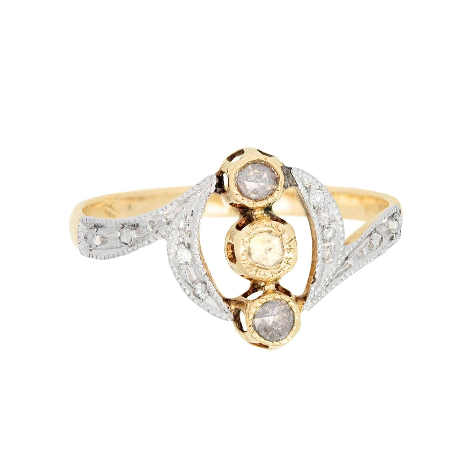 Exquisite Art Nouveau French Platinum & 18k Gold Diamond Navette Ring - Vintage Jewelry for Weddings & Special Occasions