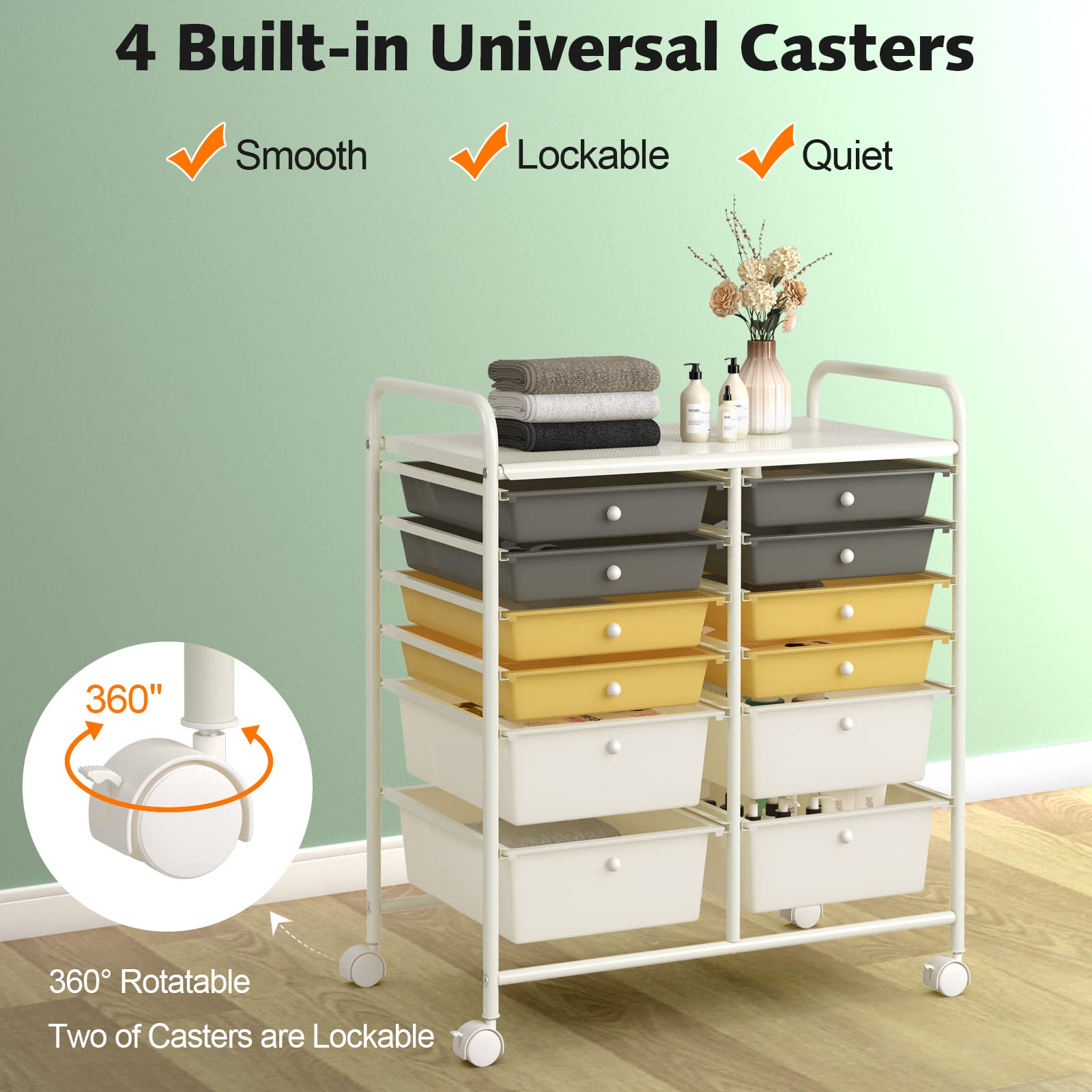Giantex 12-Drawer Rolling Storage Cart with Wheels - Multipurpose Mobile Organizer for Home Office School - Yellow Utility Cart for Bedroom, Kitchen, Classroom & Dorm Organization