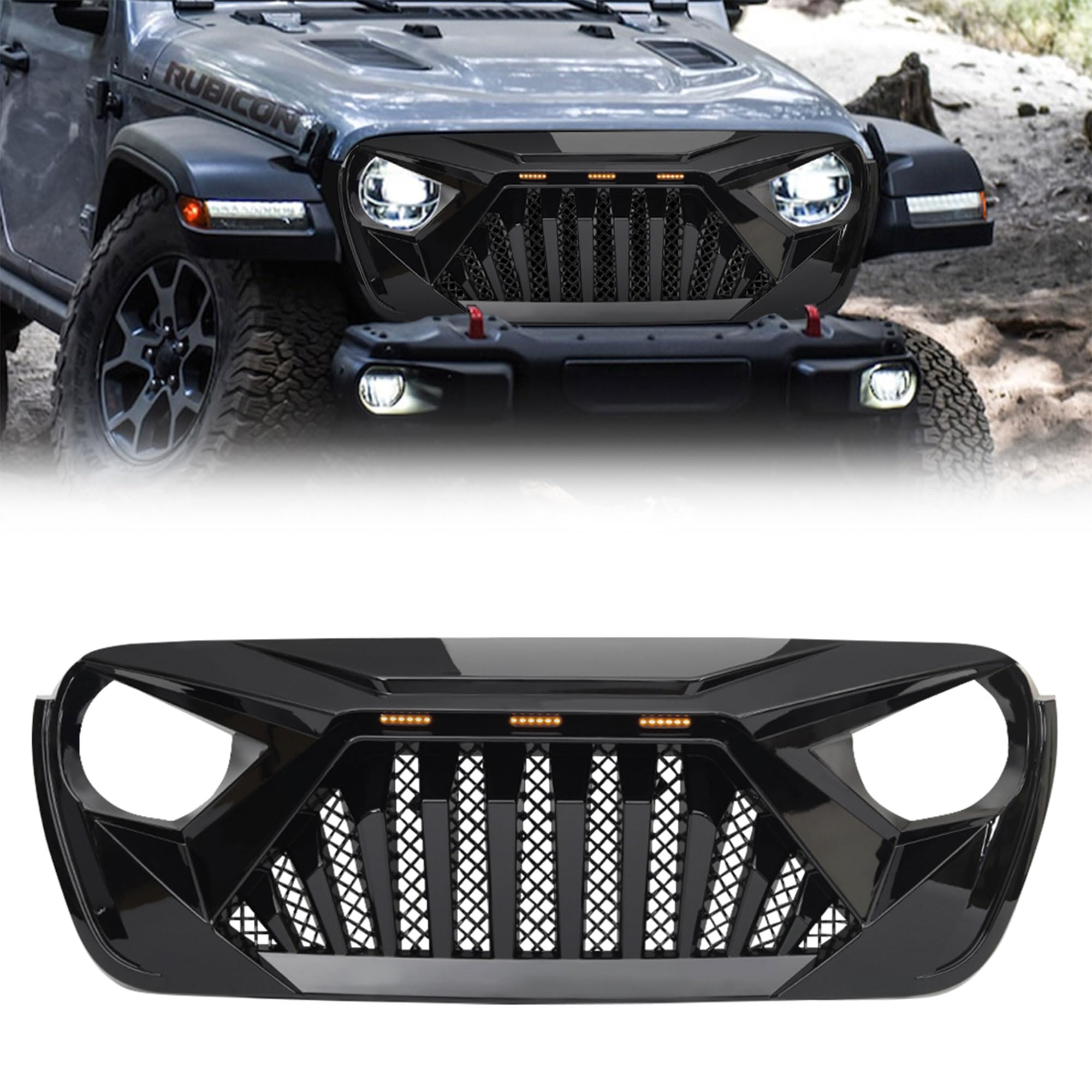 Goliath Grille with LED Amber Lights for 2018+ Jeep Wrangler JL & 2020+ Gladiator JT (Non-TrailCam) - Glossy Black | Off-Road Upgrade | Enhanced Style & Visibility for Night Adventures