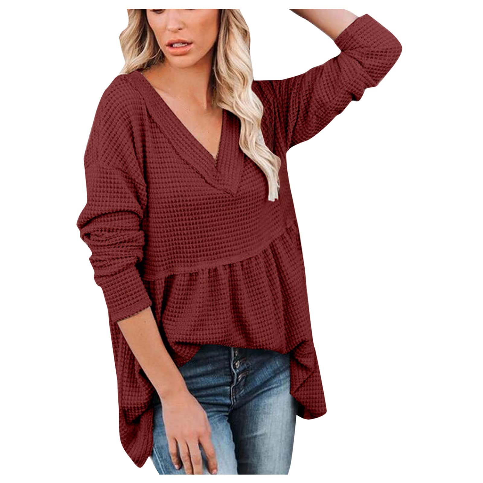 Women's Loose Fit V-Neck Long Sleeve Blouse - Breathable Summer T-Shirt Top with Stitching Details for Casual Wear & Office Outfits