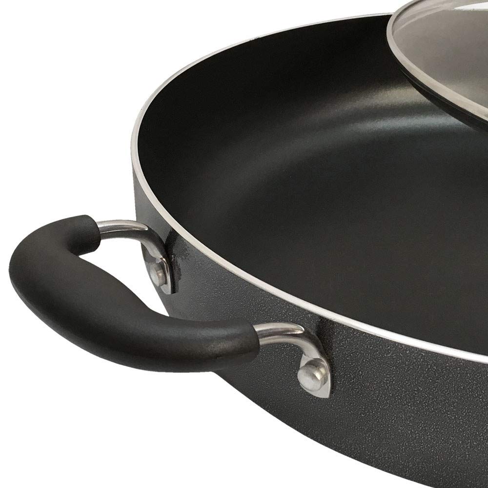 14 Inch Aluminum Low Pot Cookware - Non Stick Deep Cooking Wok with Wide Base for Stir Frying, Braising & Steaming | Perfect for Asian Cuisine & Home Kitchen Use
