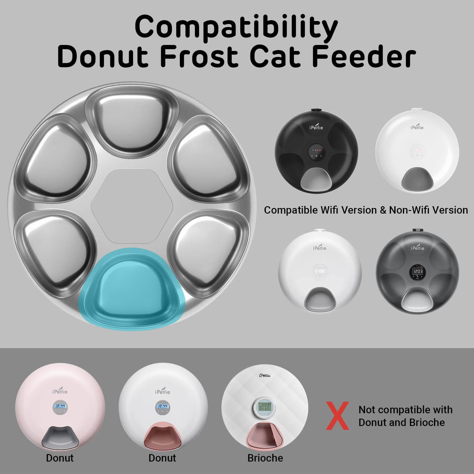 Upgraded iPettie Stainless Steel Replacement Food Tray for Donut Frost Automatic Cat Feeder - 304 Corrosion Resistant, 6 Portion Divider, Waterproof & Dishwasher Safe - Perfect for Multi-Cat Homes & Travel Feeding