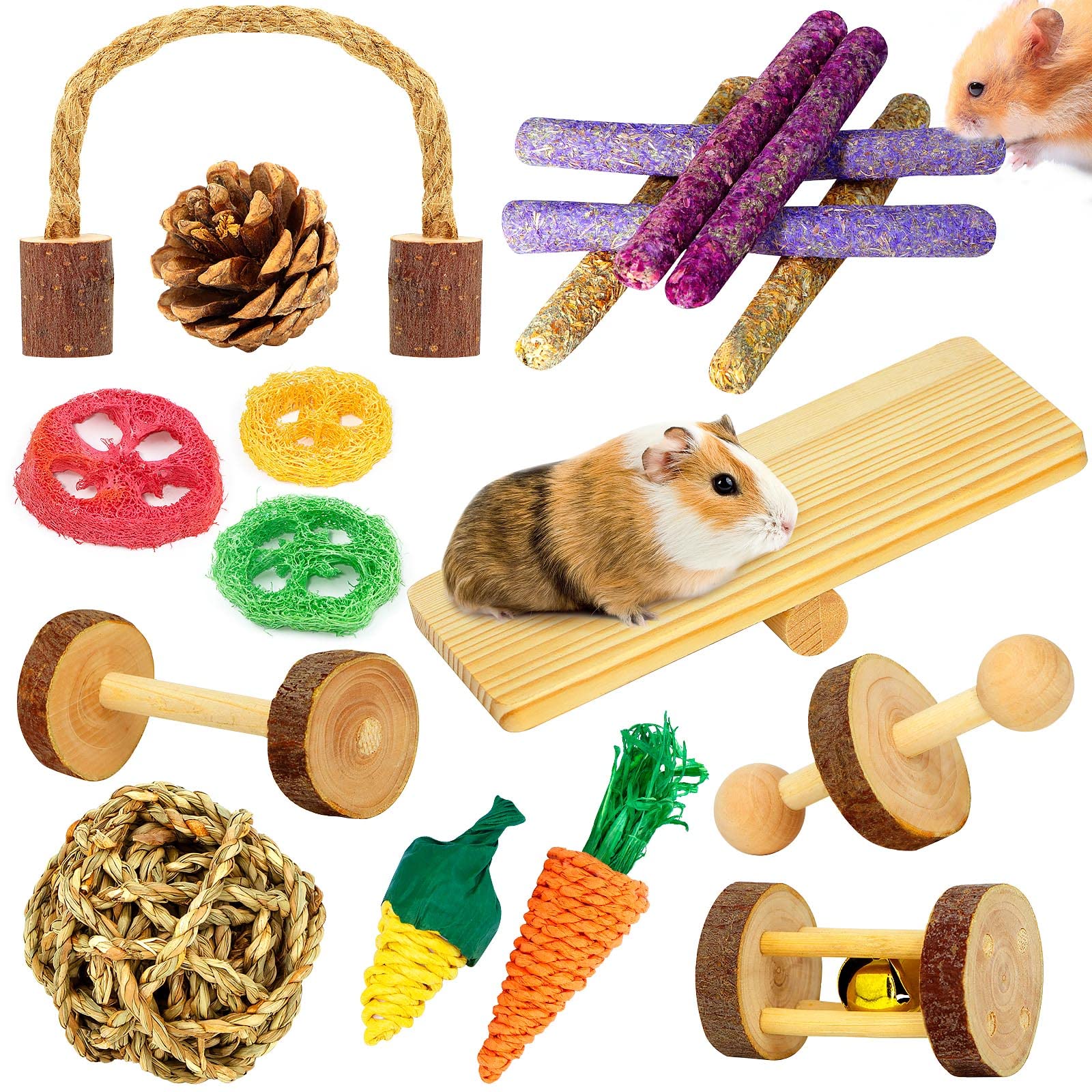 18 Pcs Natural Apple Wood Small Animal Chew Toys for Hamsters, Guinea Pigs, Rabbits, Chinchillas, Gerbils & Rats - Teeth Molar Exercise Accessories for Cage Enrichment & Dental Health