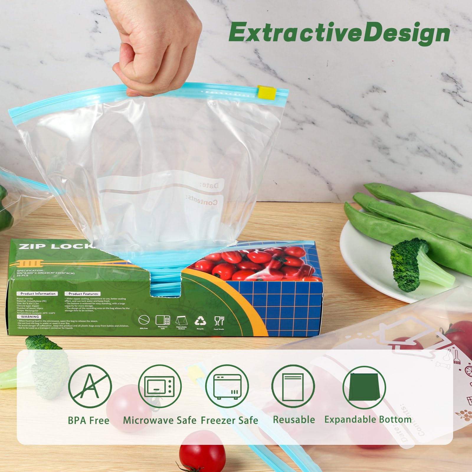 50 Pcs Reusable BPA Free Zip Lock Bags - 2.27L Expandable Bottom Food Storage & Freezer Bags for Sandwich, Fruits, Vegetables, Meat, Grains | Perfect for Meal Prep, Picnics & Home Organization