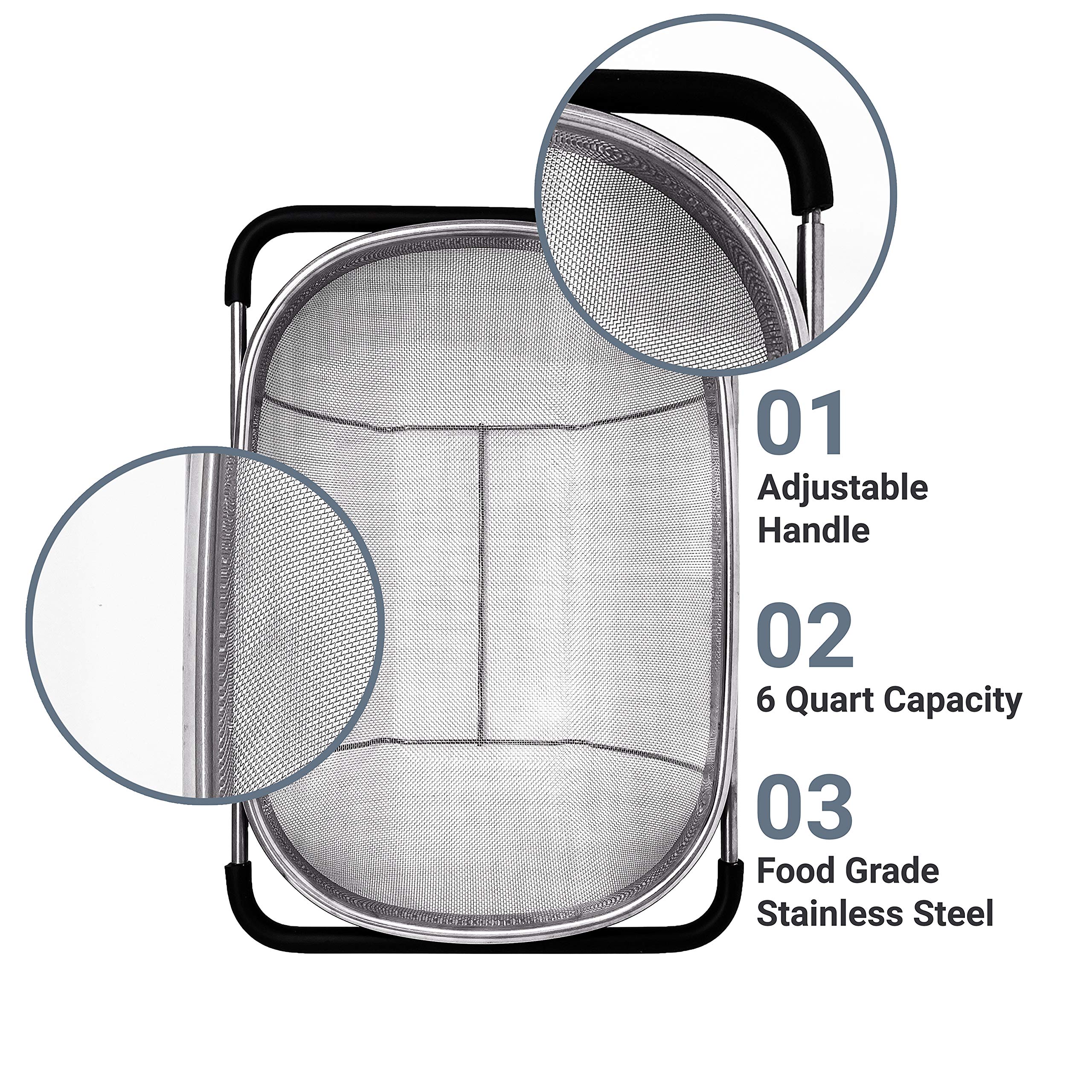 Makerstep Expandable Over-the-Sink Colander Strainer Basket - Stainless Steel with Rubber Grip, Fine Mesh Design for Effortless Draining, Perfect for Washing Fruits, Vegetables, and Pasta in Your Kitchen