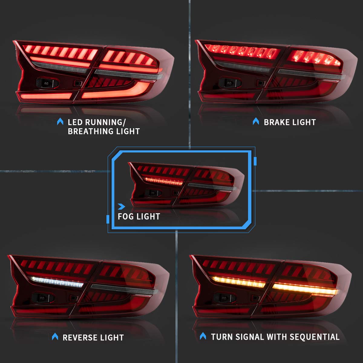 VLAND LED Tail Lights for Honda Accord 10th Gen 2018-2022 - Dynamic Scanning Animation, Sequential Turn Signals, Red DRL - Pair (4Pcs) - Perfect for Night Driving & Car Customization