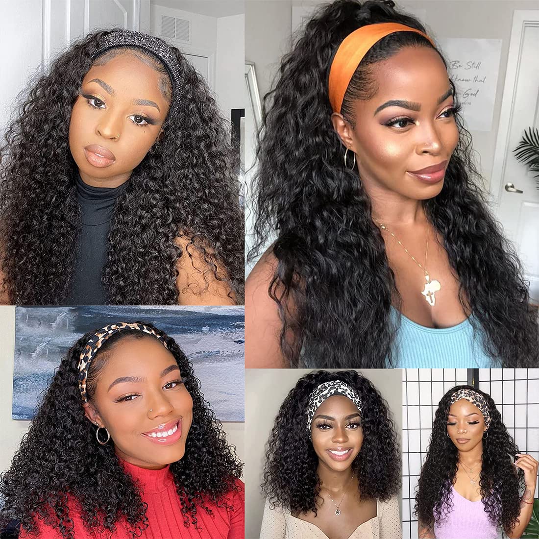 26 Inch Deep Wave Headband Wig - 150% Density Brazilian Virgin Human Hair for Black Women | Glueless No Lace Front | Machine Made Natural Black Curly Wig for Daily Wear, Parties & Special Occasions