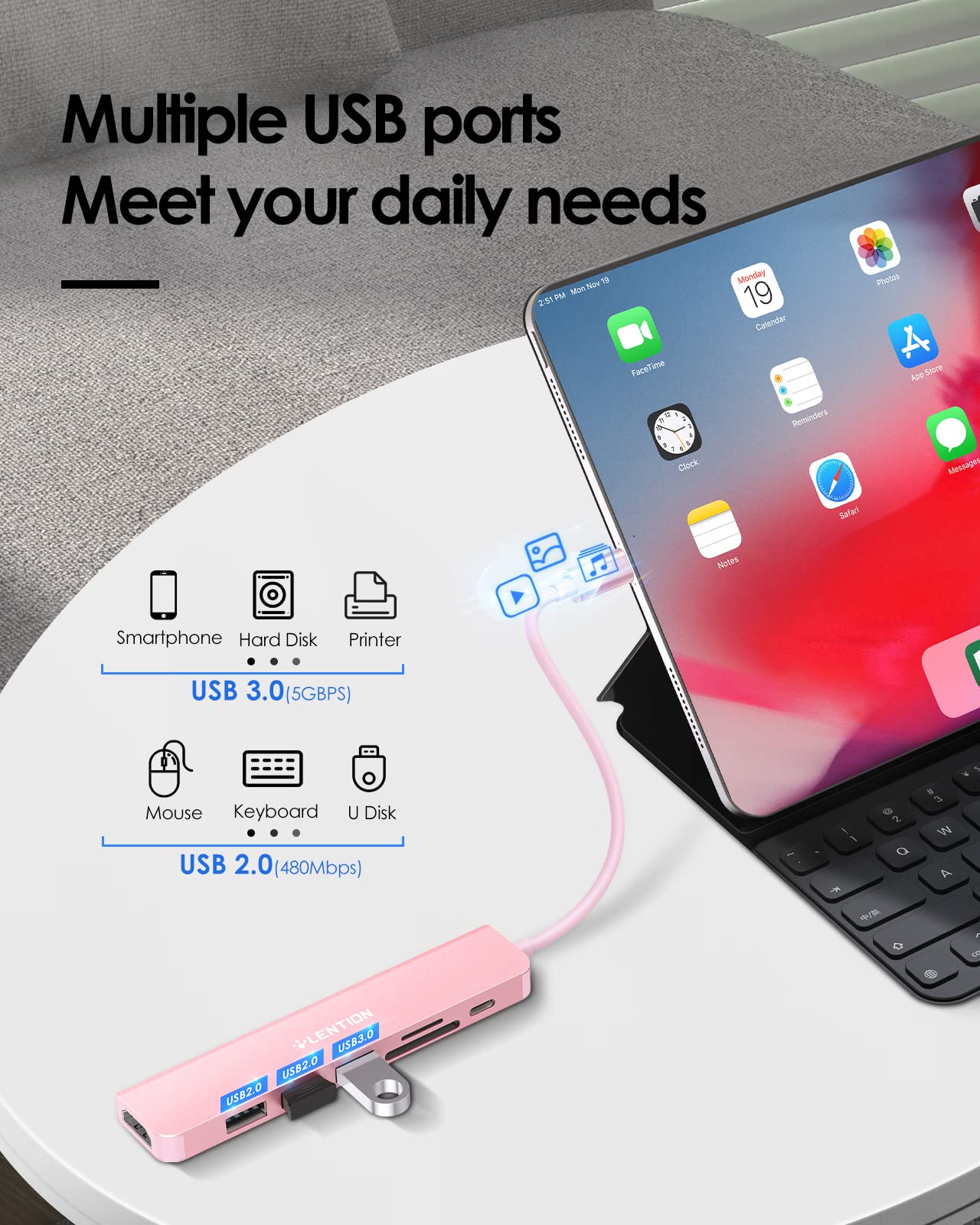 LENTION 6-in-1 USB C Hub with 100W PD Charging, 4K HDMI, SD/TF Card Reader, USB 3.0 Ports - Compatible with MacBook Pro/Air, Surface, Chromebook & More - Rose Gold (CB-CE18) | Perfect for Home Office, Travel & Multi-Screen Workstations